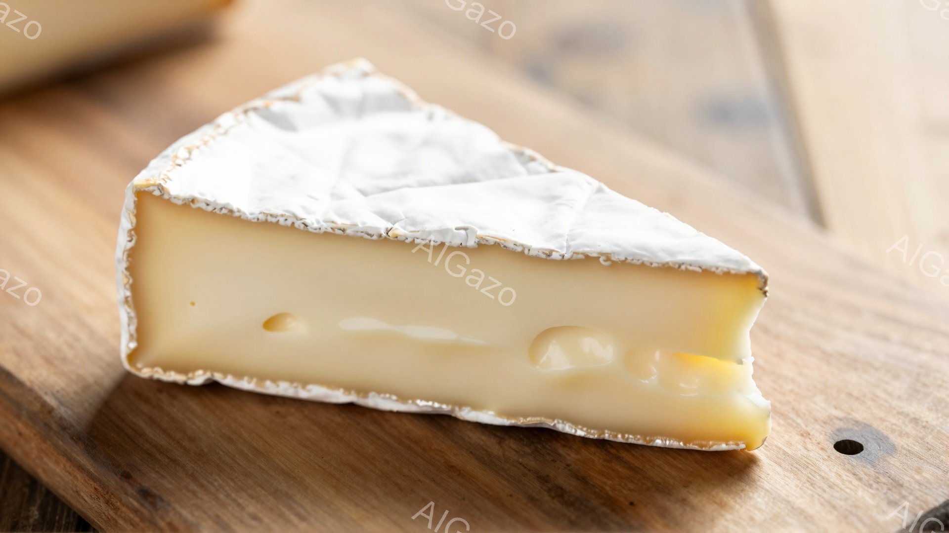 切り分けたカマンベールチーズが、木の板の上に置かれています。外側は白カビで覆われ、中身は明るい黄色でクリーミーな質感がわかります。背景の木材は、少し粗く、自然な風合いで、チーズの温かみを引き立てています。