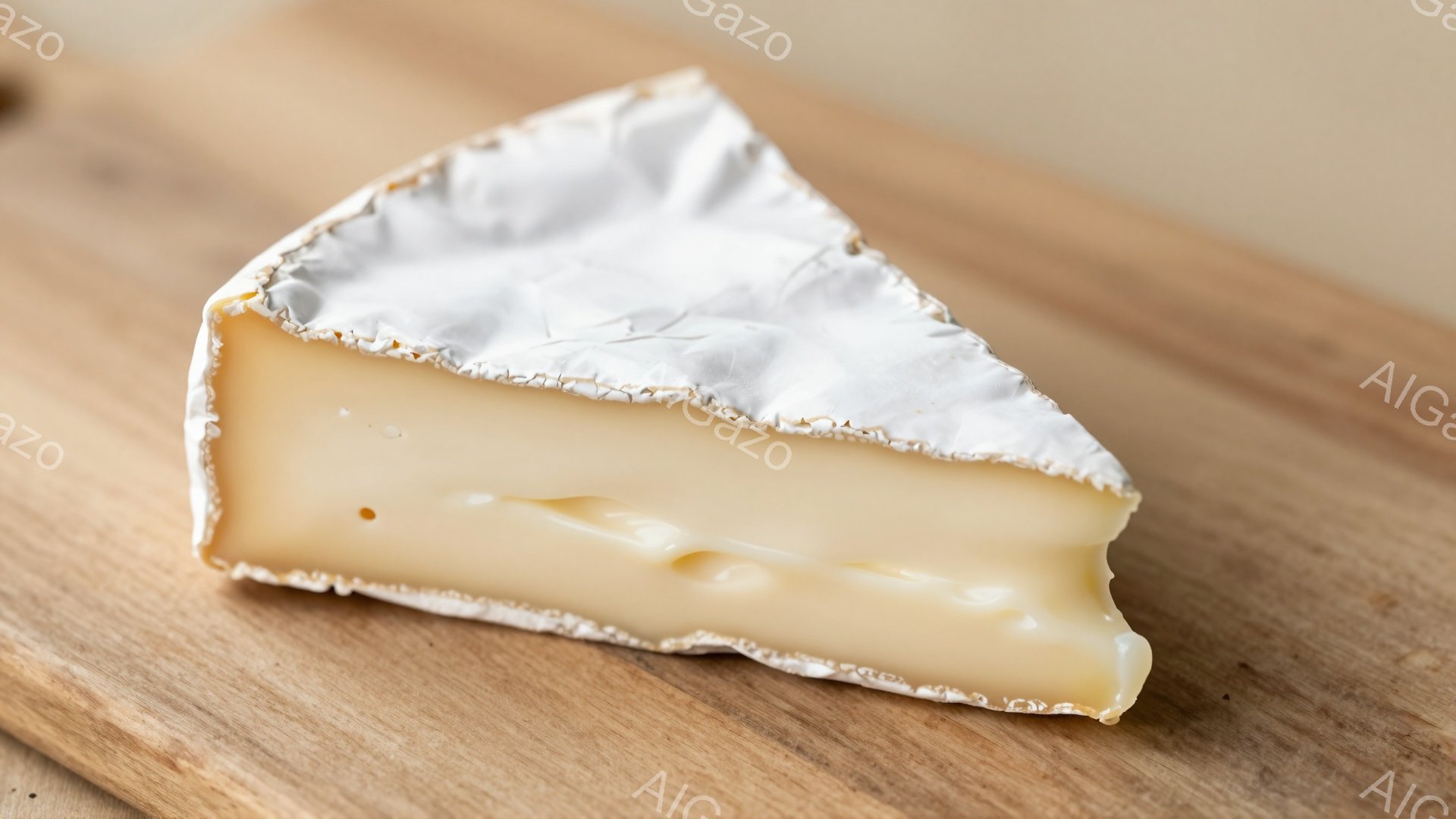 切り取られた三角形のチーズが木製の板の上に置かれています。外側は白く、内側は溶け出したような、クリーミーな淡黄色の色合いをしています。背景は木目が見える板で、チーズの優しい色合いと対照的です。 - AI生成フリー素材