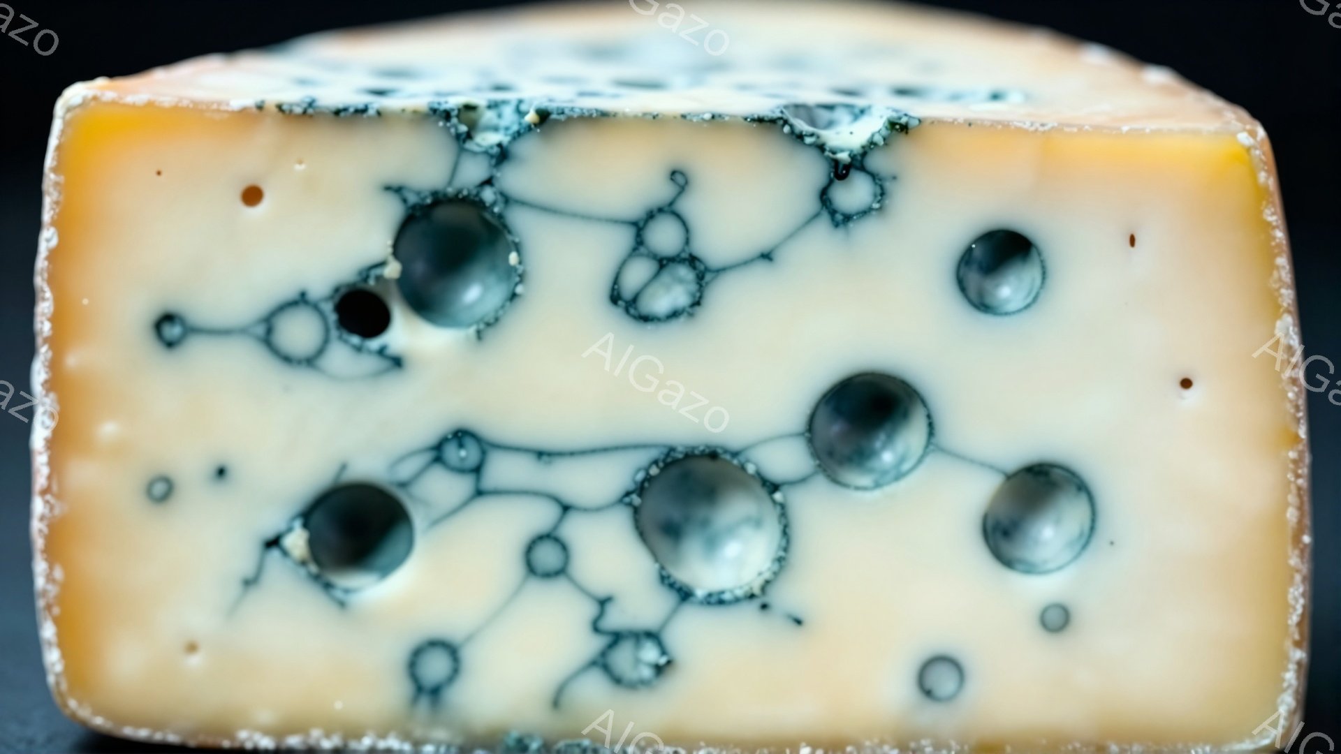 画像は、青カビチーズの断面を示しており、明るい黄色の生地の中に、濃い青色のカビの筋と空洞が網目状に広がっています。カビは様々な大きさの円形で、まるで模様のようにチーズ全体に広がっており、独特の風味とテクスチャを想像させます。背景は暗く、チーズの色彩とカビのコントラストを際立たせています。