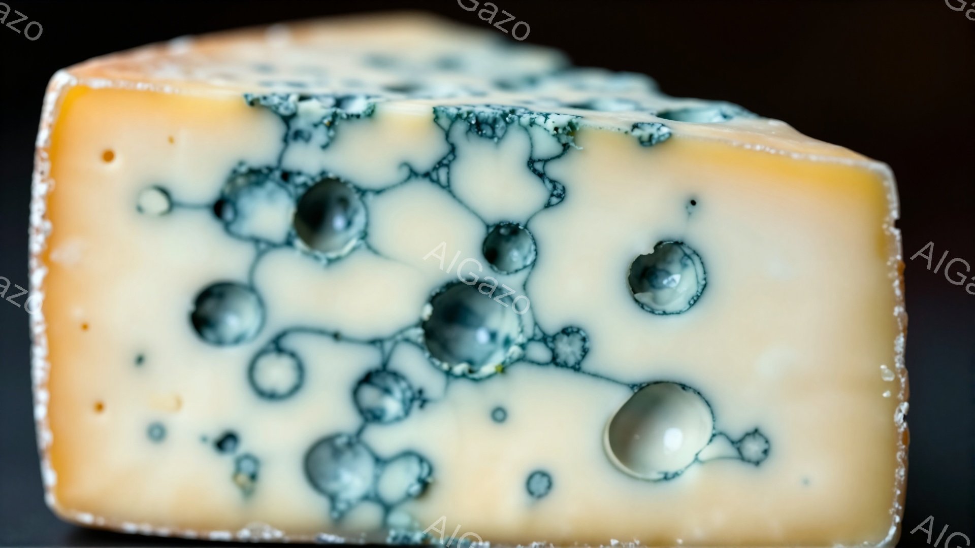鮮やかな黄色のチーズの断面が写っており、青緑色のカビが不規則な模様で広がっている。カビは丸い斑点や線状に広がり、チーズ全体に独特の模様を作り出している。背景は暗く、チーズがより際立って見えるように、光がチーズに当てられている。
