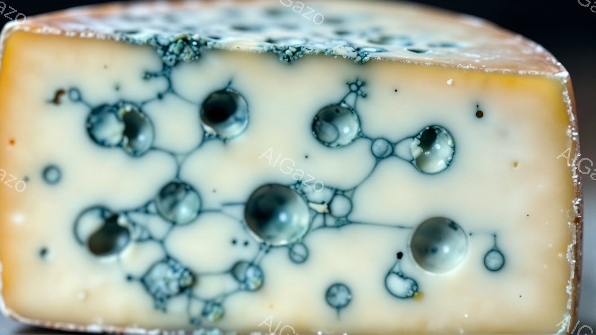 鮮やかな黄色のチーズの断面が写っている。青緑色のカビが複雑な網目状に広がり、まるで細胞構造のような印象を与える。背景は暗く、チーズの独特なテクスチャとカビのコントラストが際立っている。