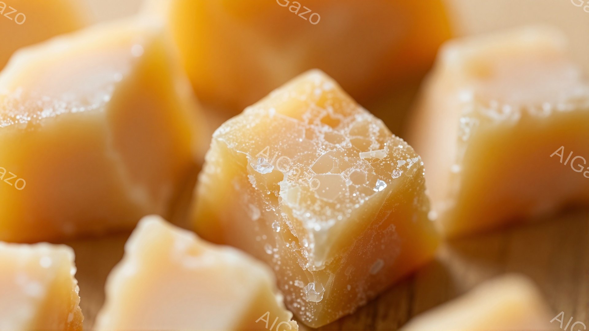 画像はキャラメルキャンディーのクローズアップで、表面に砂糖の結晶が見られます。キャンディーは明るい琥珀色をしており、角張った形が複数個並んでいます。全体的に暖かく、甘いお菓子の雰囲気が伝わってきます。