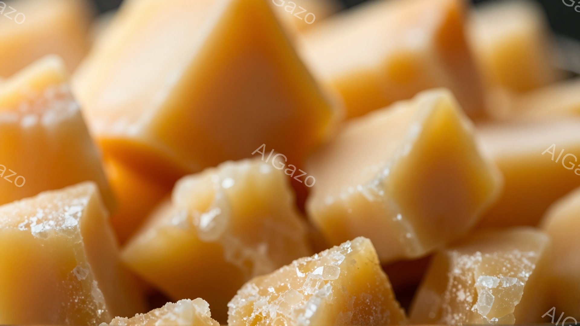 画像は、砂糖が散りばめられたキャラメルをクローズアップしたものです。キャラメルは不規則な形にカットされ、鮮やかな黄金色をしており、表面には白い砂糖粒が輝いています。背景は暗く、キャラメルの甘さと濃厚さが際立っています。