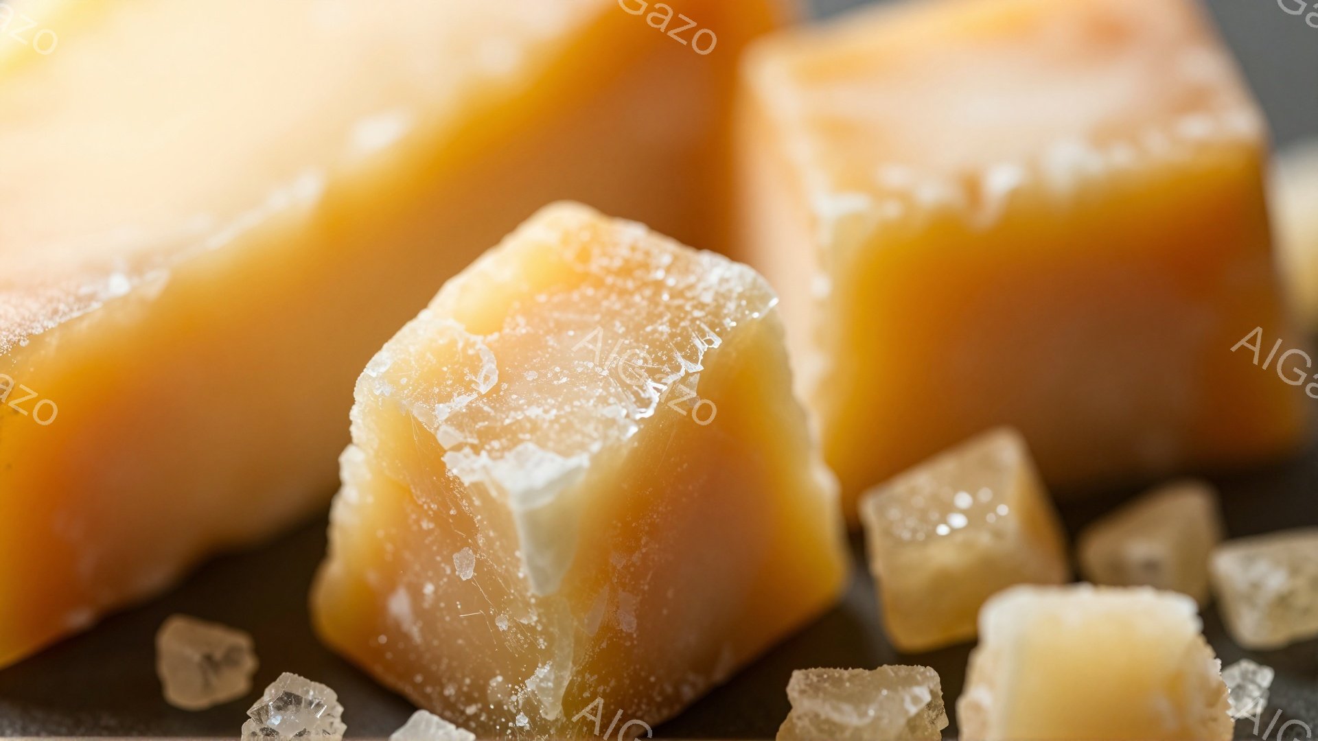 画像は、キャラメルまたはバターのような、角張ったオレンジ色の固体の塊がいくつか写っています。表面には砂糖の結晶が見られ、光沢があり、甘いお菓子であることを示唆しています。背景は暗いグレーで、塊が際立っており、全体的に温かく、食欲をそそる雰囲気です。