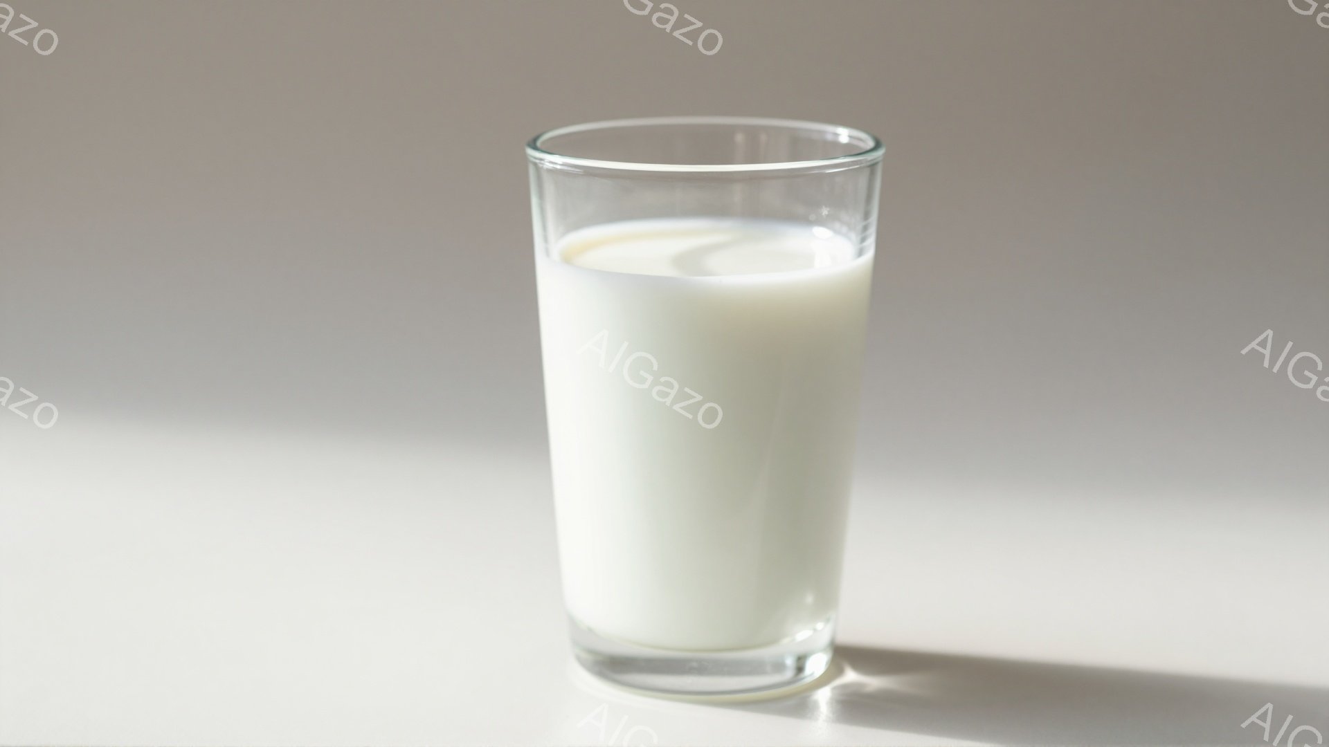 透明なグラスの中に白い液体が入っており、おそらく牛乳かそれに似た飲み物であると思われる。グラスは光沢があり、白いテーブルの上に置かれており、影がわずかに見られる。全体的にシンプルで清潔感のある、落ち着いた雰囲気である。