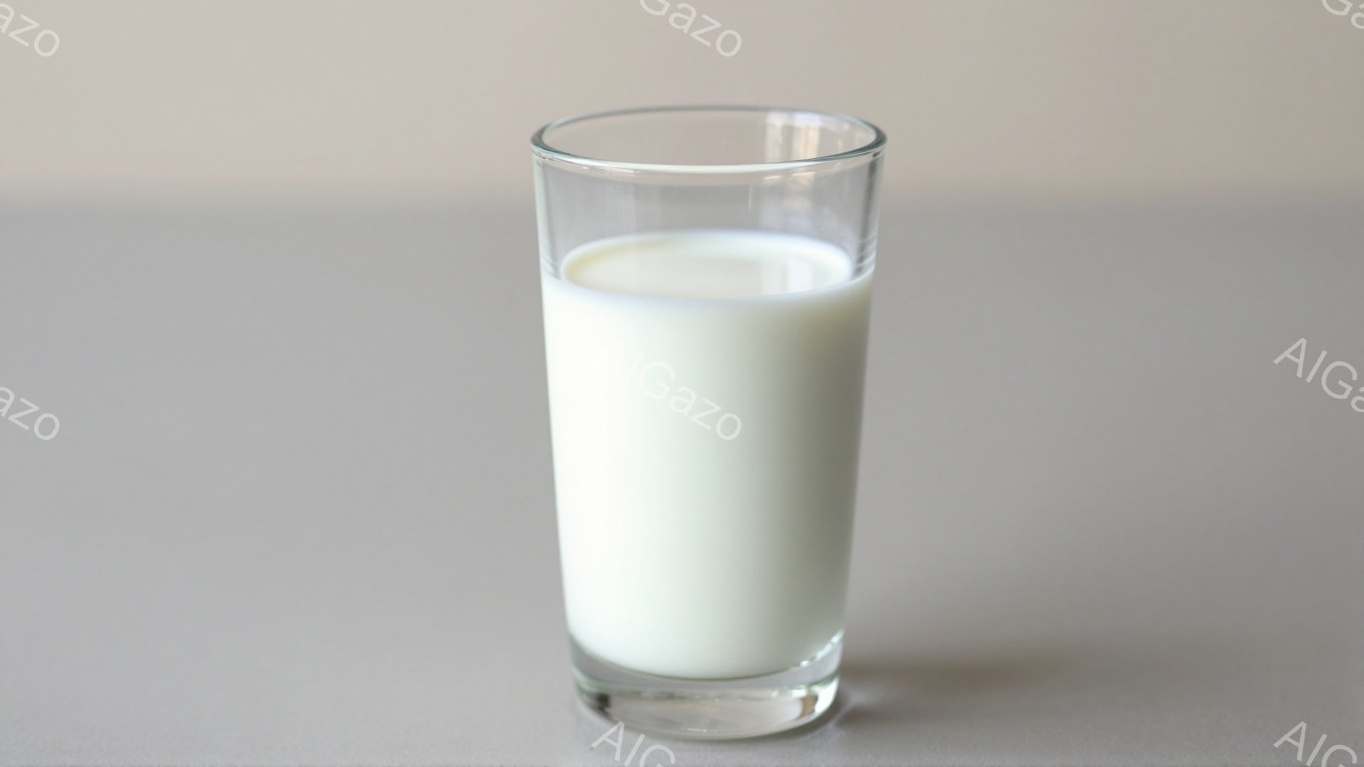 透明なグラスに白い液体が入っており、おそらく牛乳かそれに似た飲み物が入っているように見えます。グラスはシンプルで、背景は均一な薄いグレーで、飲み物に焦点が当てられています。全体的に、静かで清潔な印象を - AI生成フリー素材