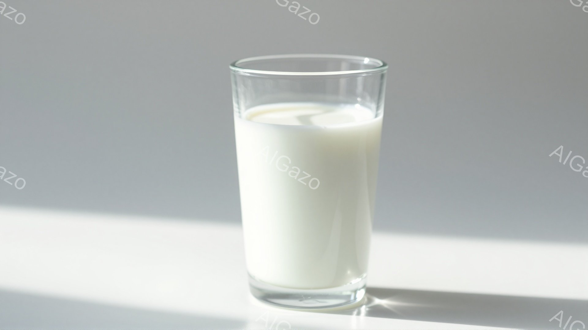 透明なグラスに白い液体が入っており、おそらく牛乳か何か他の乳製品であるように見える。グラスは白い背景の上に置かれており、影がわずかに見られることで、光源が上から来ていることがわかる。 全体的にシンプルで清潔感のある、静かな雰囲気が漂っている。