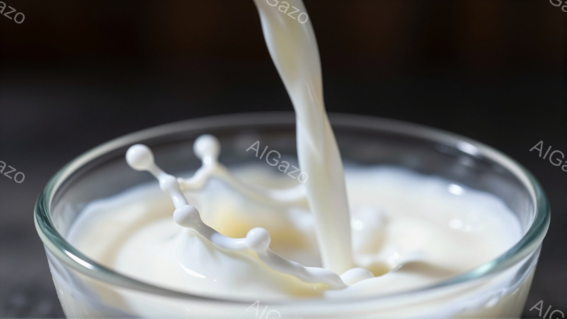 ガラスの器の中に白い液体が注がれており、表面に波紋と小さな飛沫が広がっている様子が捉えられている。液体は乳白色で、クリーミーな質感が感じられる。背景は暗く、液体の白さが際立っており、静かで穏やかな雰囲気を醸し出している。