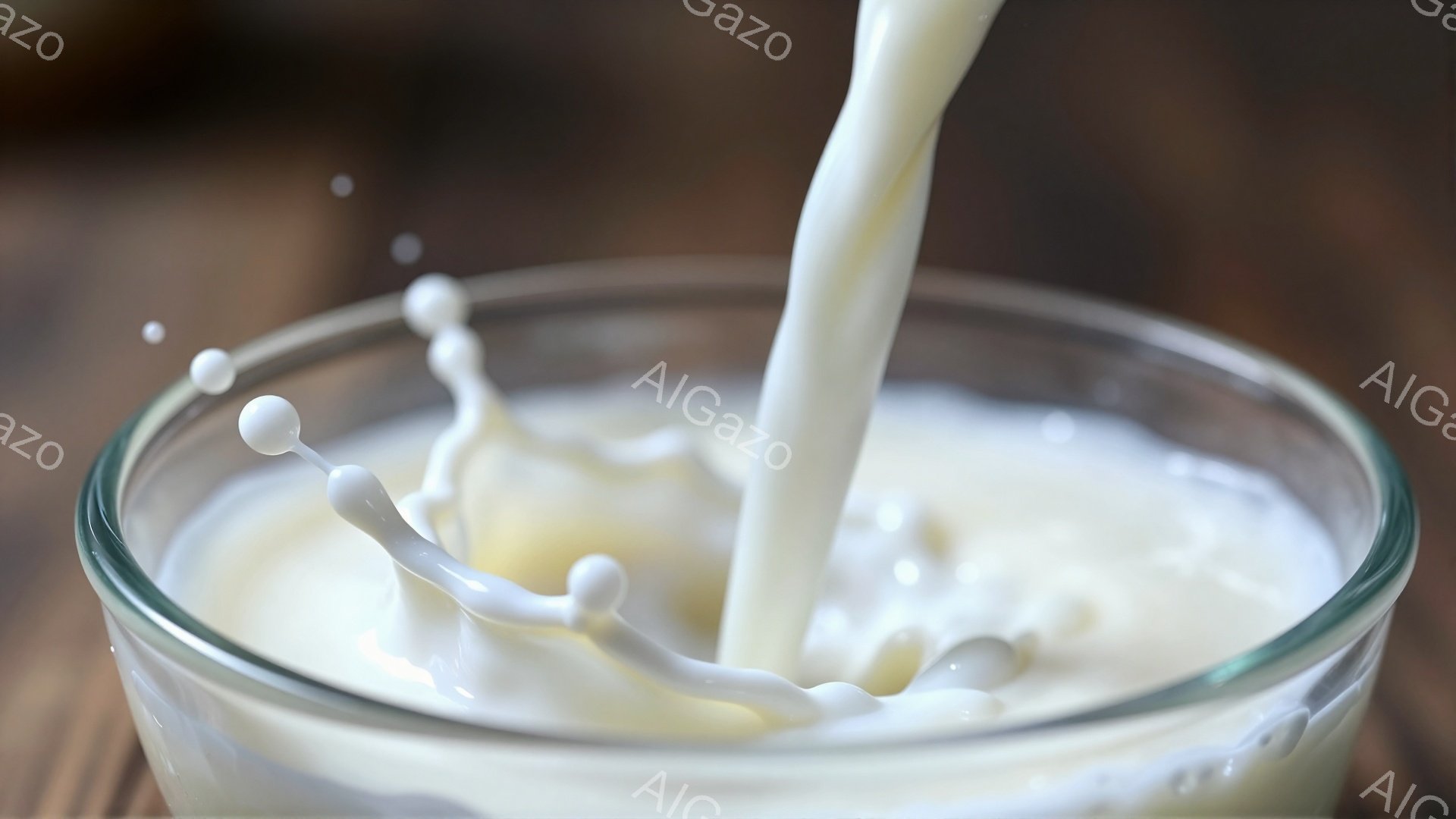透明なグラスの中に白い液体が勢いよく注がれており、液体の流れとグラス内の水しぶきが捉えられています。背景は木製のテーブルで、暖かみのある色合いが液体と対照的です。全体的に、新鮮で活気のある雰囲気が感じられます。