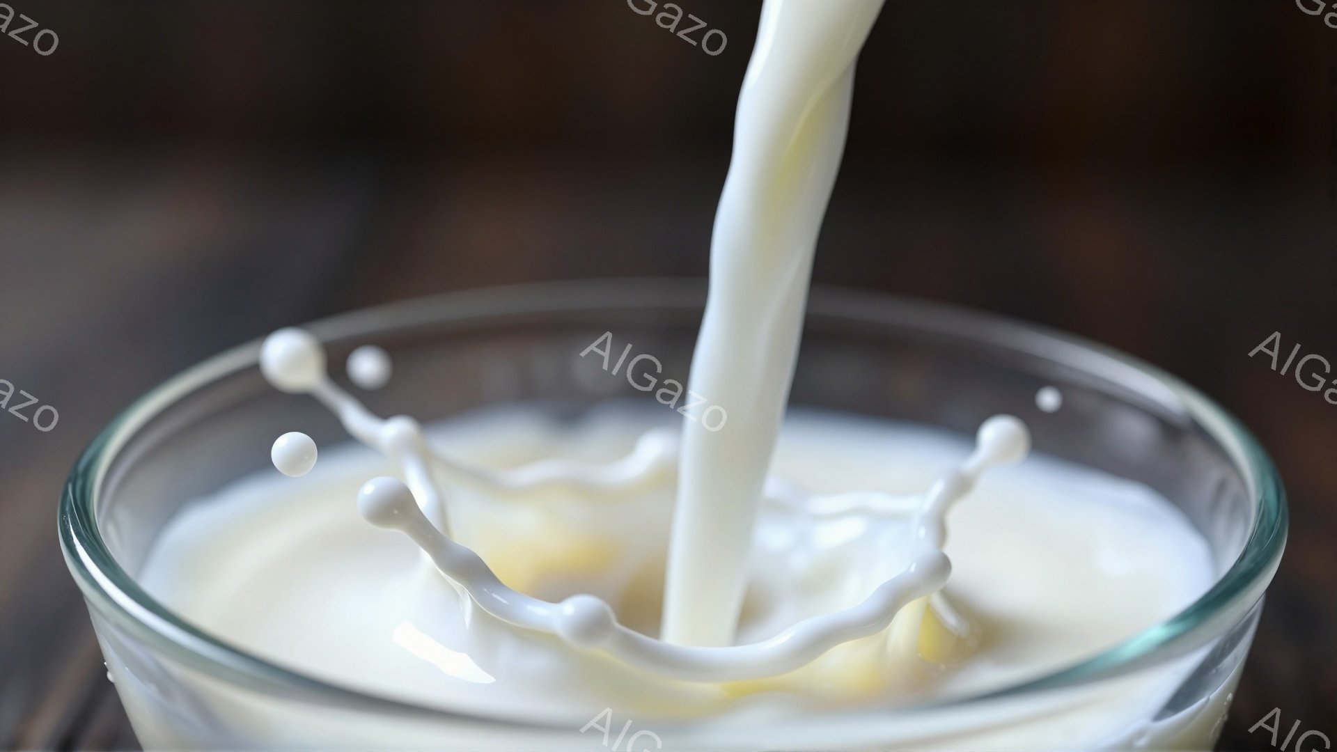 透明なグラスの中に白い液体が注ぎ込まれる瞬間を捉えた写真です。液体の表面には波紋が広がり、光を反射して明るく輝いています。背景は暗くぼやけており、液体の白さが際立っています。