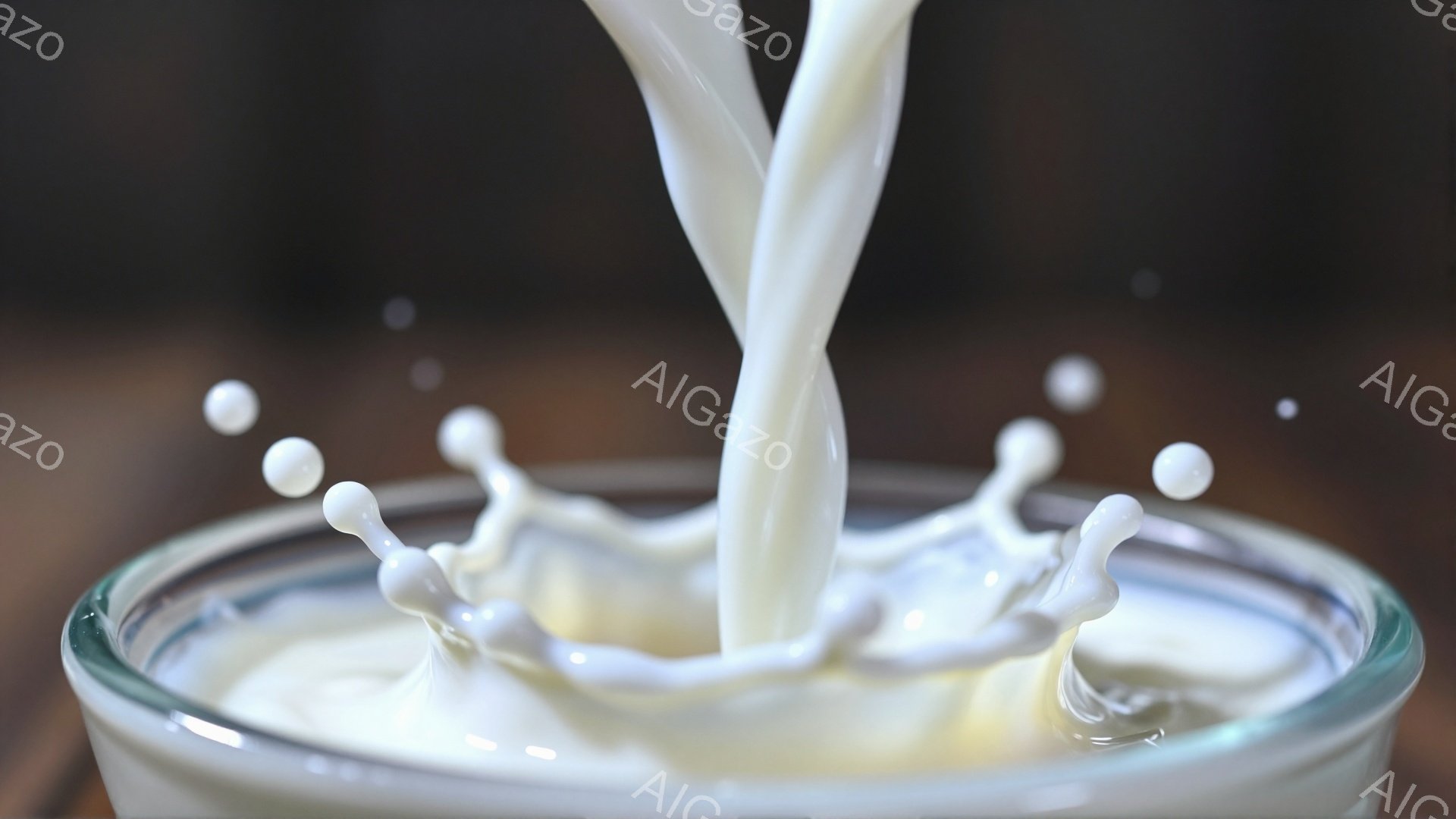 白い液体がガラスの器の中に勢いよく注がれる様子が捉えられています。液体の表面には水しぶきが飛び散り、動きのある瞬間を強調しています。背景は暗く、液体と器が際立つように、焦点が絞られています。