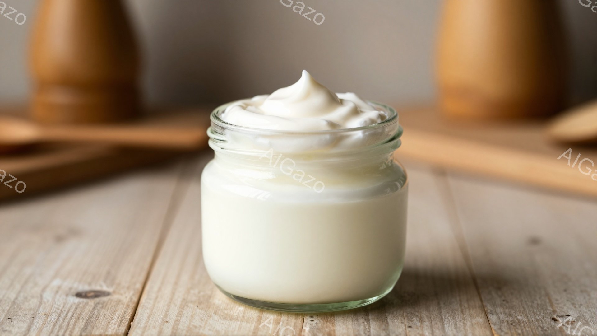 ガラスの瓶の中に、白いクリームやムースのようなものがたっぷり詰まっています。背景は木製のテーブルで、少しぼやけた背景には何かの容器が見えます。全体的に暖かく、美味しそうな雰囲気の静物画です。