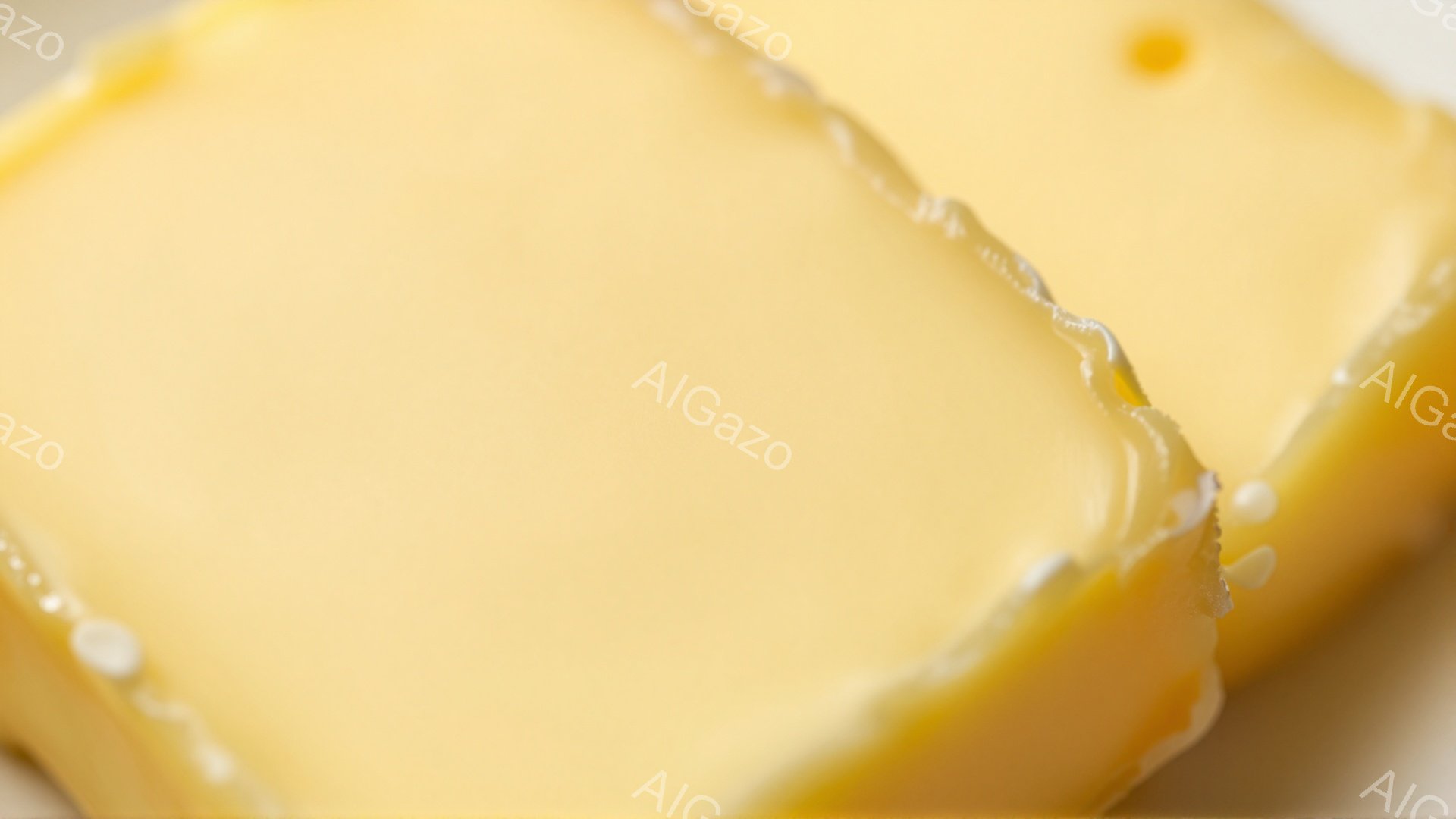 画像は、濃厚な黄色のカスタードプリンのクローズアップです。滑らかな表面にはわずかな光沢があり、プリンの端には焦げ目が付いており、甘くて優しい香りが想像できます。背景はぼやけており、プリンそのものが焦点となっています。