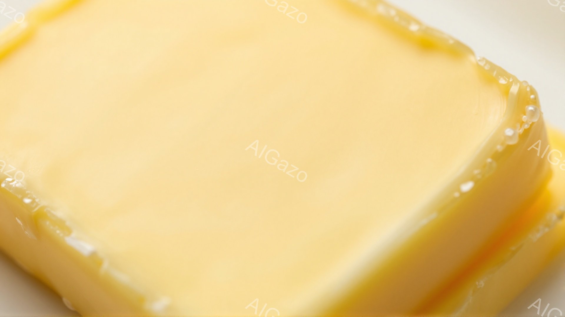 鮮やかな黄色の、表面に細かい結晶が見られる四角い物体が写っています。滑らかな質感と光沢があり、まるでバターやチーズの一角のようです。背景は白く、被写体の色を際立たせています。 - AI生成フリー素材