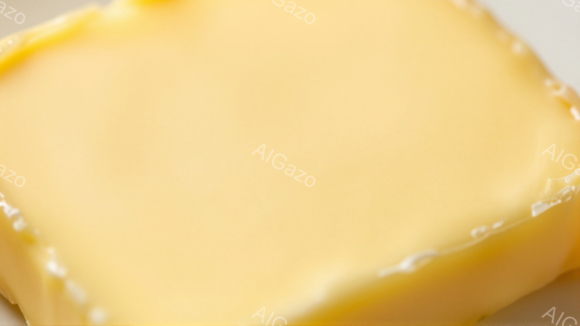 鮮やかな黄色の、溶けかけたバターのような物質が画面を占めている。表面は滑らかで、光沢があり、一部に細かい気泡や波紋が見られる。背景はぼやけており、焦点は物質のテクスチャと色合いに当てられている。 - AI生成フリー素材