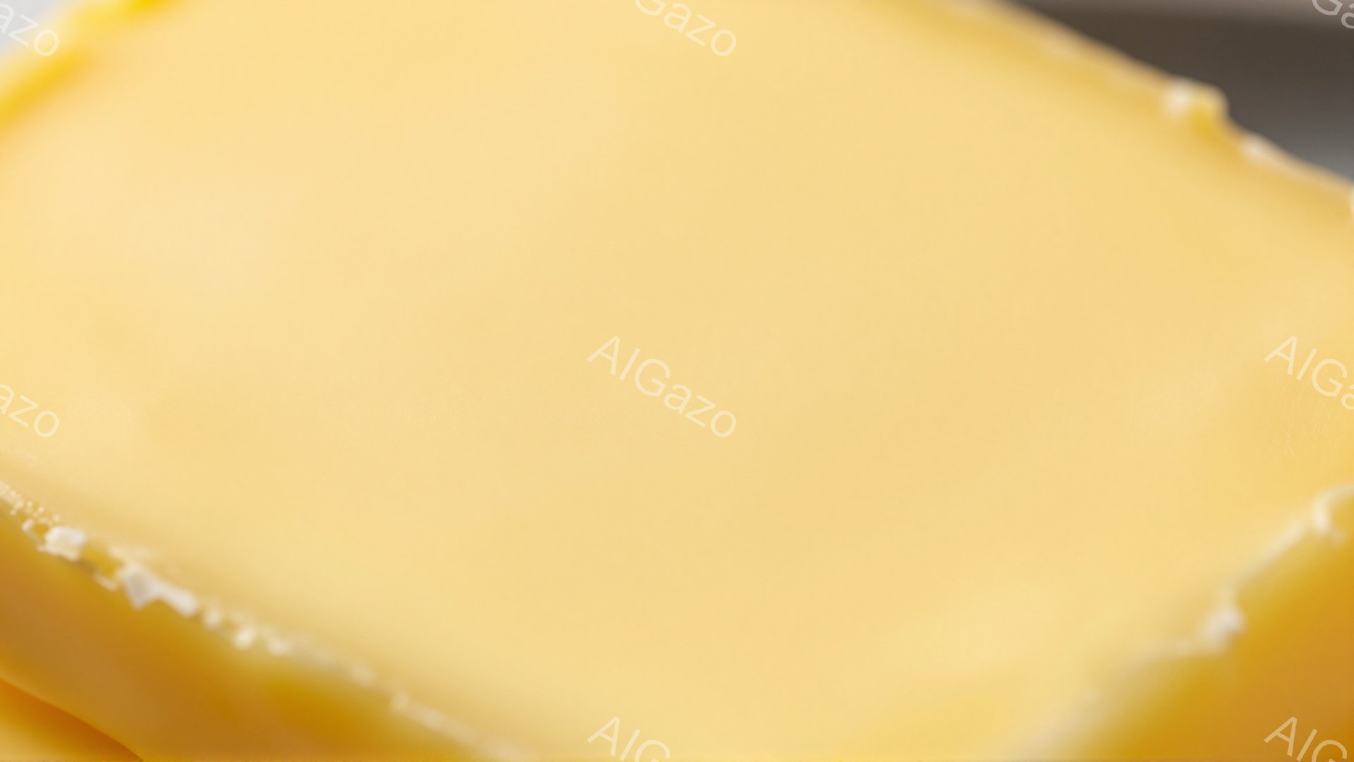 この画像は、明るい黄色の、表面に小さな泡が見える食品のクローズアップです。滑らかな質感と、柔らかい光が、まるでバターやカスタードのような印象を与えます。背景はぼやけており、焦点は完全に食品そのものに当 - AI生成フリー素材