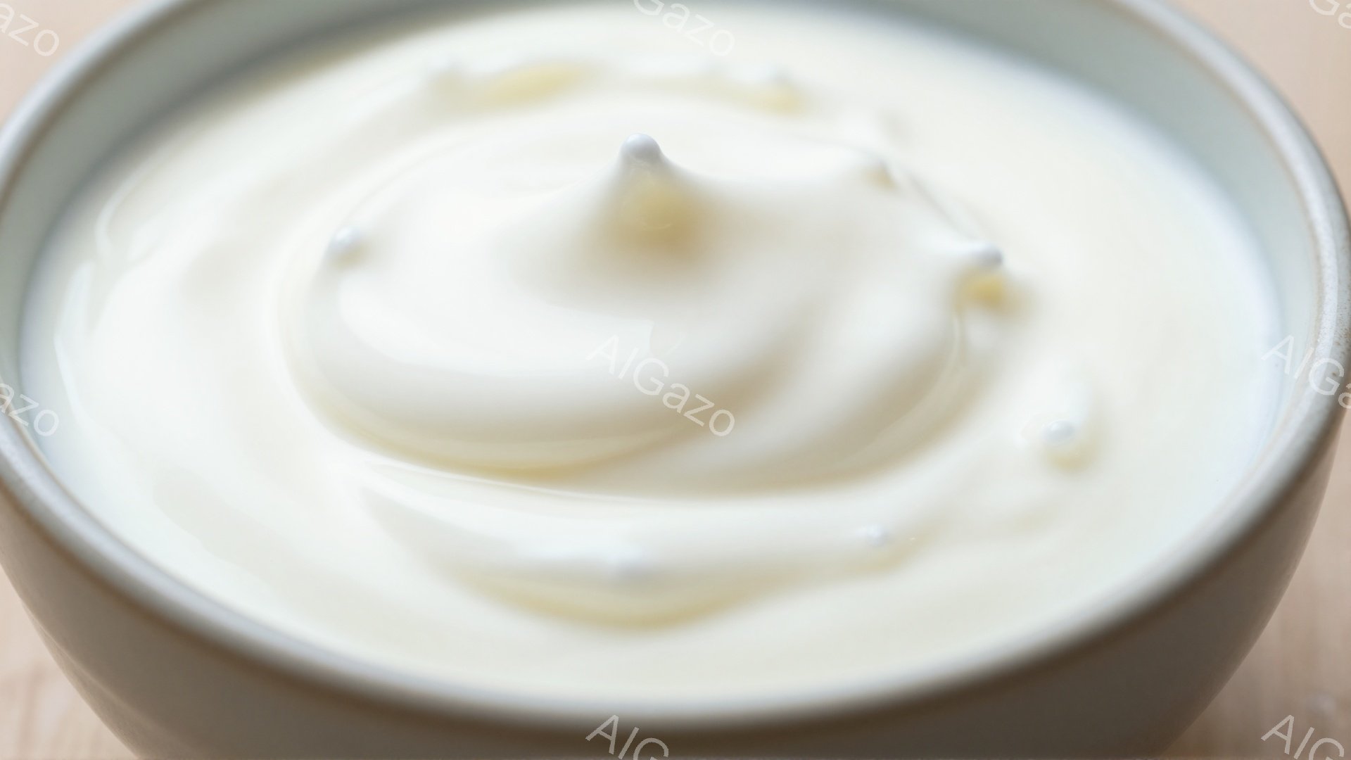 陶器のような浅い茶色の器の中に、白く滑らかなクリーム状のものが渦巻き状に盛られています。クリームの表面は光沢があり、厚みを感じさせます。背景はぼやけており、木製のテーブルであることがわかります。