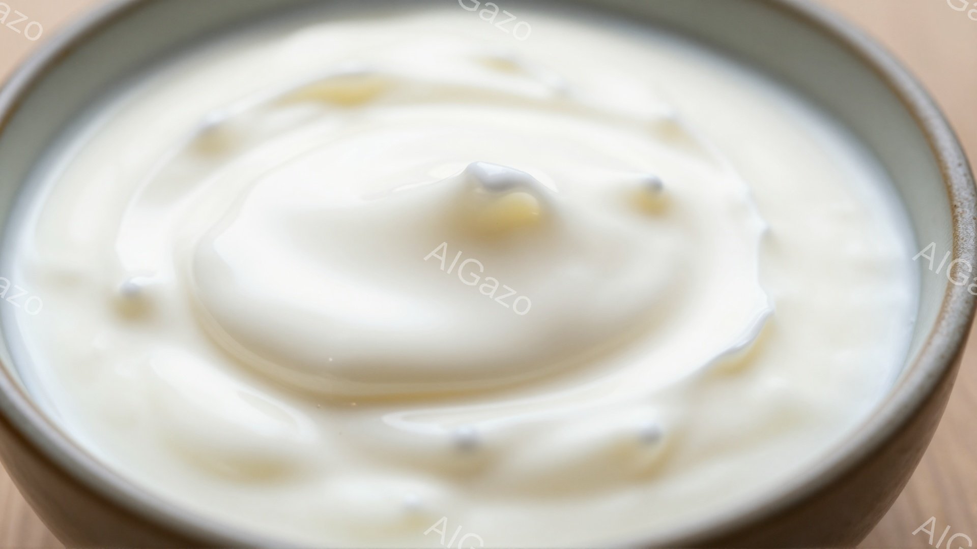 白い器の中に、とろりとした白いクリーム状のものが渦を巻いて入っています。クリームの中には小さな黄色い粒が見て取れ、おそらく何らかの風味付けのためのようです。背景は木製のテーブルで、暖かく落ち着いた雰囲気を醸し出しています。