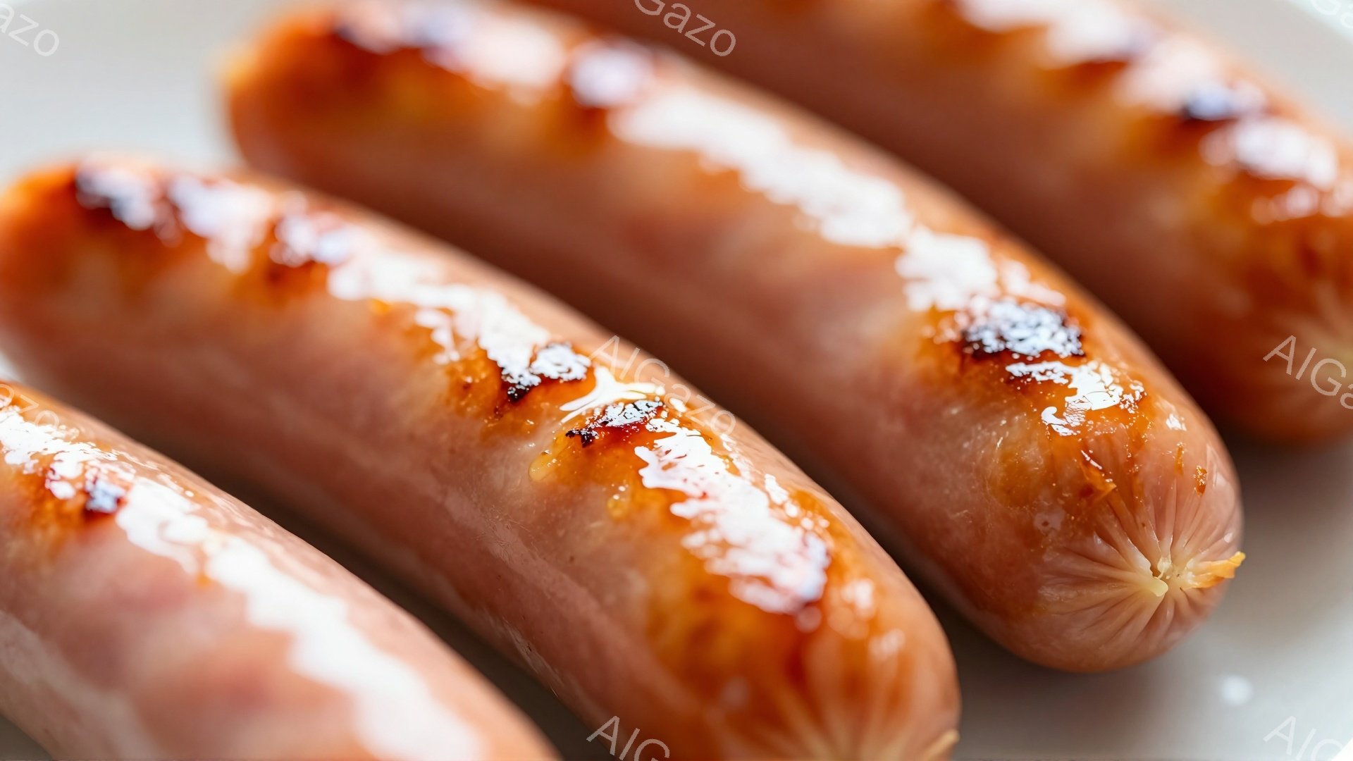 ３本のソーセージが白い皿の上に並んでいます。ソーセージは焼き色が付いており、表面には細かく刻んだハーブのようなものが散らされています。全体的に食欲をそそる、シンプルな料理の写真です。 - AI生成フリー素材