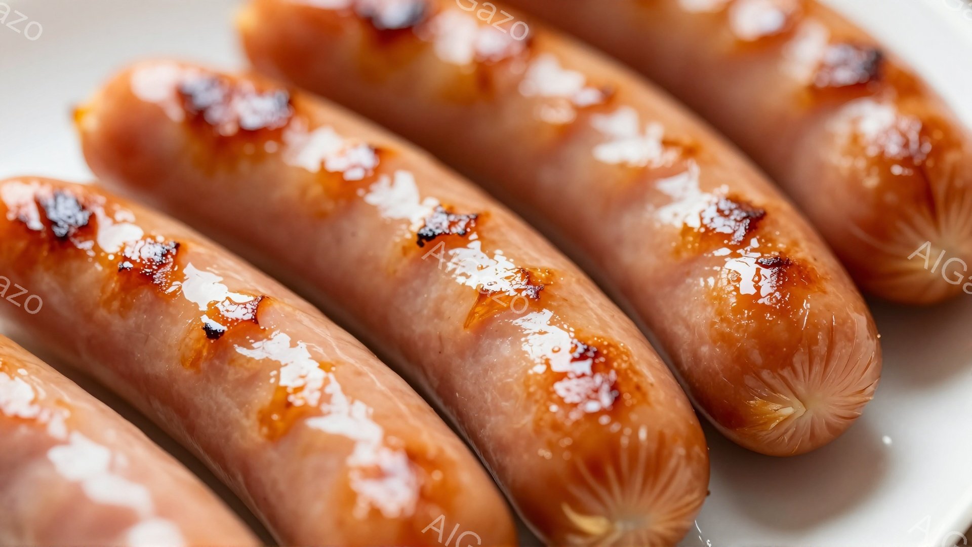 白い皿の上に、照り焼きソースが塗られたソーセージが横一列に並んでいます。ソーセージは少し焦げ目がついており、表面には白っぽいスパイスやハーブが散りばめられています。全体的に食欲をそそる、シンプルで温かい雰囲気の画像です。