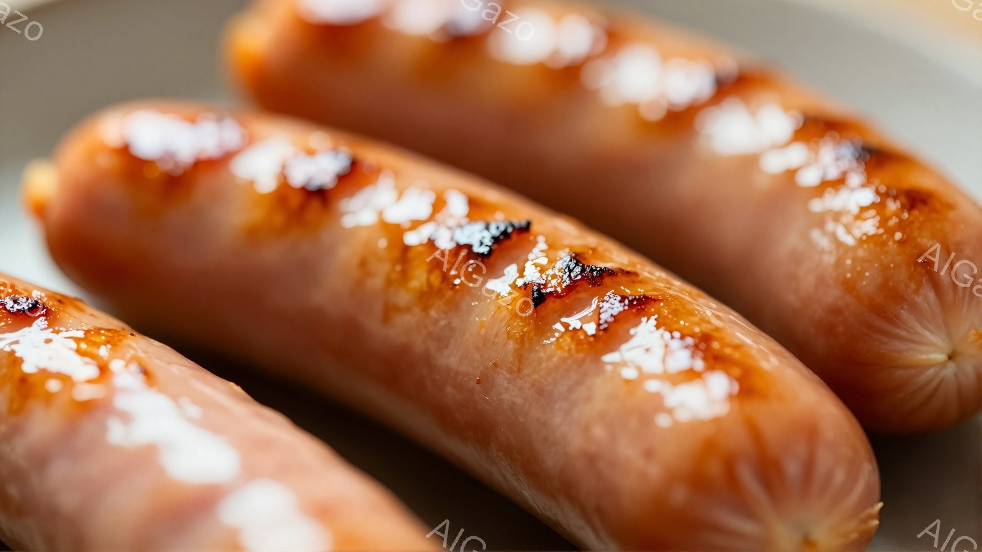 画像には、グリルで焼かれたソーセージが3本並んで写っています。ソーセージは焦げ目がつき、表面に照りが出ており、美味しそうに見えます。背景はぼやけていますが、灰色っぽい皿の上にあることがわかります。