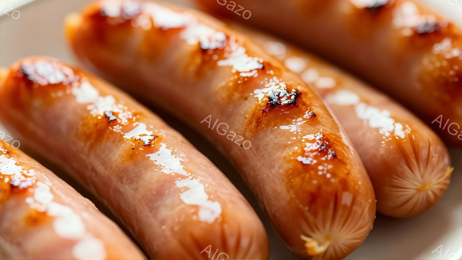 画像には、焼き色がつけられたソーセージが数本、互いに並んで写っています。ソーセージの表面には、ケチャップまたはマスタードのような白いソースが線状に塗られており、照りがあります。背景は薄いグレーで、ソー - AI生成フリー素材