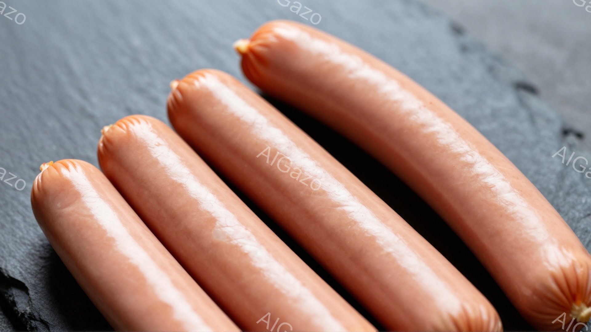 画像には、4本のソーセージが黒色の石板の上に並べられています。ソーセージは薄いピンク色で、表面に光沢があり、ジューシーに見えます。背景はシンプルで、ソーセージが際立っており、食欲をそそる雰囲気を醸し出しています。