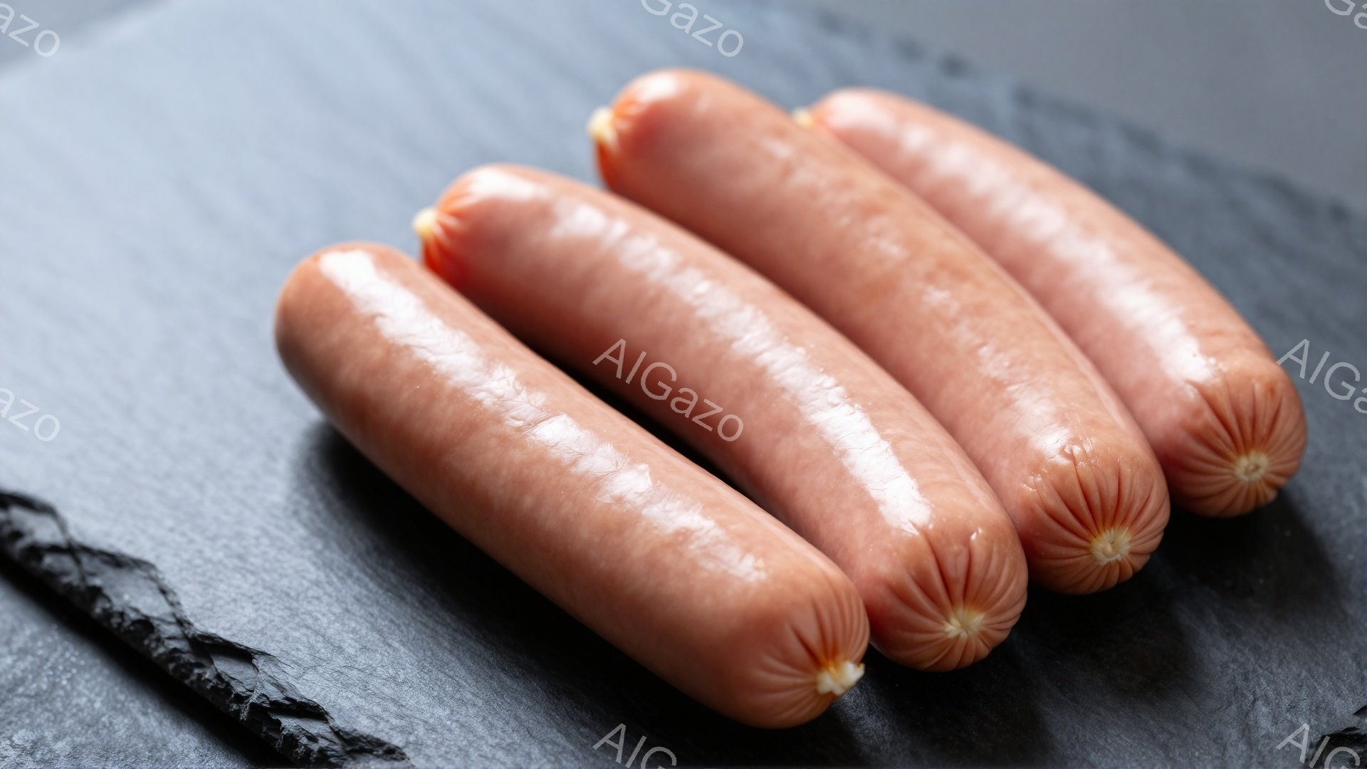 灰色の石板の上に4本のソーセージが並んでいます。ソーセージはピンク色で、表面に油の光沢があり、美味しそうです。背景は均一な灰色で、ソーセージが際立っています。