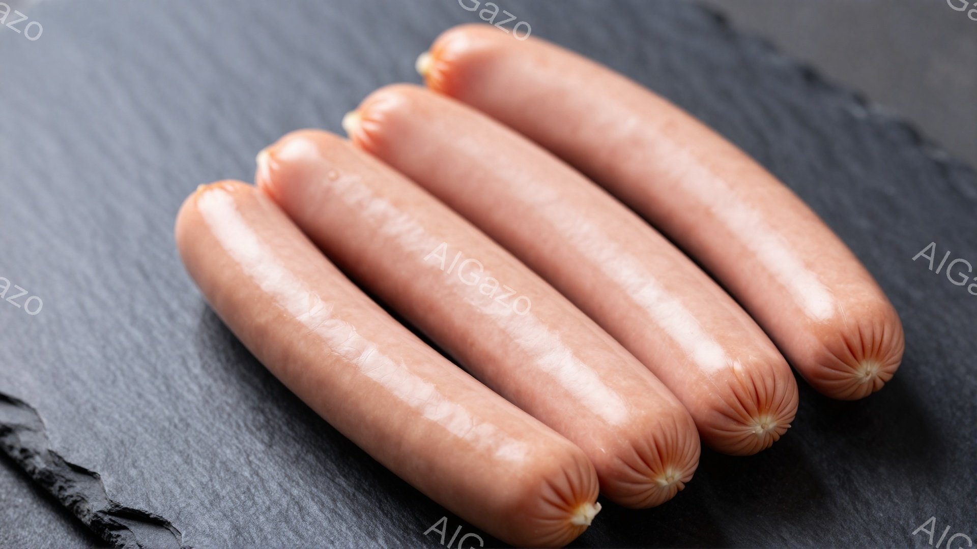 濃いグレーの石板の上に、四本のソーセージが並んでいる。ソーセージはピンク色で、表面に光沢があり、新鮮な印象を受ける。背景は石板の質感のみで、ソーセージが引き立っている。 - AI生成フリー素材