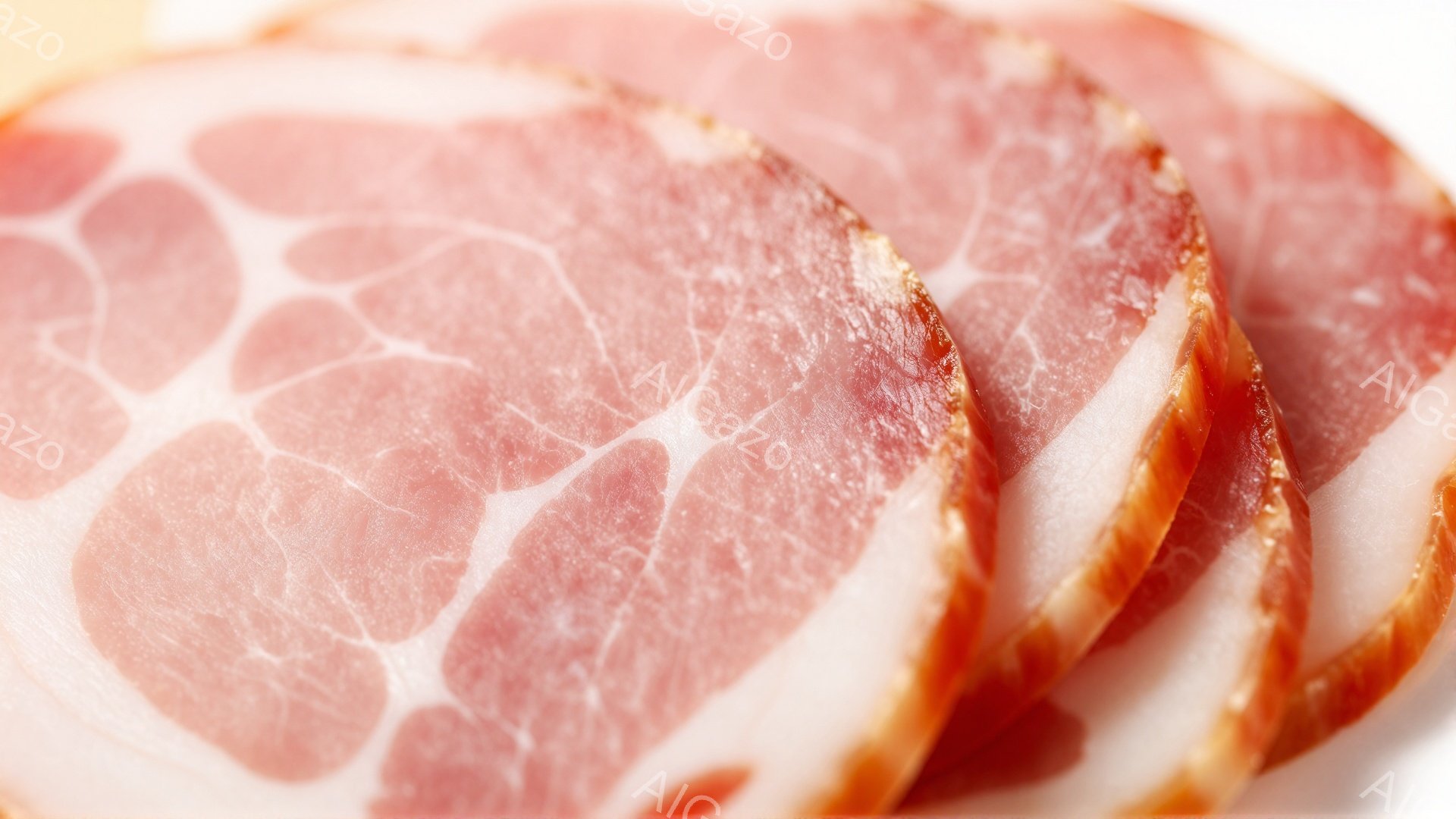 薄くスライスされたベーコンが三枚、明るい背景の上に並んでいます。肉の色は赤みがかったピンク色で、脂肪の白い部分がマーブル状に混ざり、食欲をそそります。光沢があり、新鮮で美味しそうな印象を与えます。