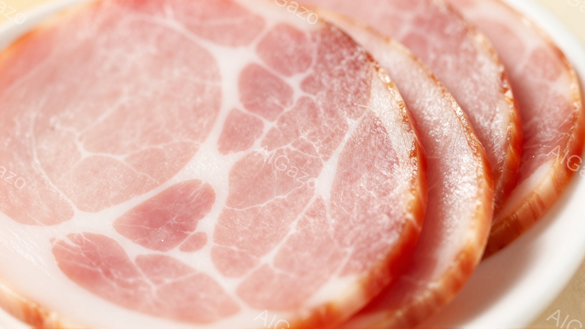 薄切りのベーコンが白い皿の上に重ねて並べられています。ピンク色と白色の美しい層が特徴的で、肉の質感と新鮮さが伝わってきます。背景は淡い黄色で、ベーコンの鮮やかさを引き立てています。 - AI生成フリー素材