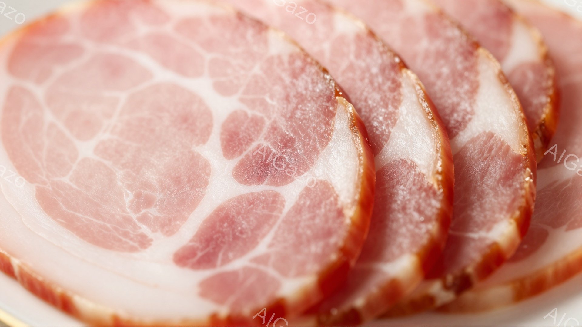 薄切りの豚バラ肉が白い皿に並べられています。肉はピンクと白のマーブル模様が特徴的で、光沢があり新鮮に見えます。皿の縁には金色のラインがあり、シンプルながらも上品な印象を与えています。