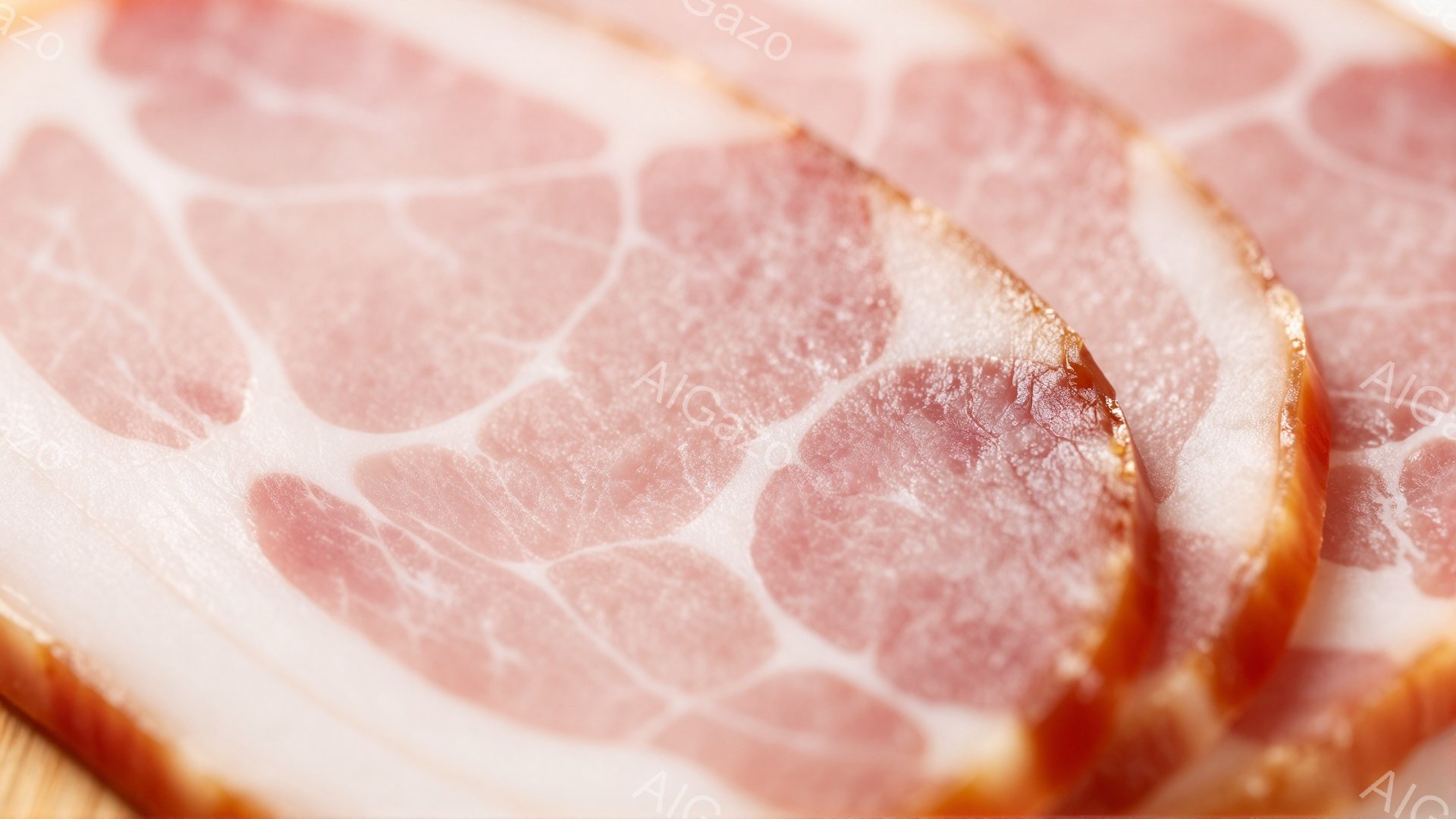 薄くスライスされたパンチェッタが、木製の表面に重ねられています。肉はピンクがかった赤色で、脂肪の白い模様が特徴的です。背景はぼやけており、パンチェッタが際立っています。