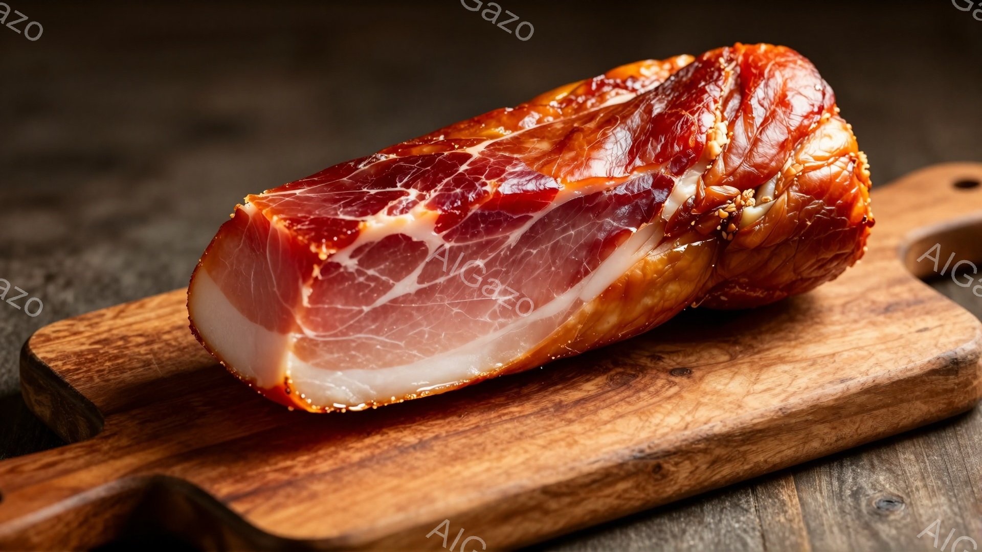 厚切りにしたプロシュートまたは生ハムが、木製のまな板に乗せられています。肉の表面は光沢があり、赤とピンクの色合いが混ざり合い、脂肪の白い部分とのコントラストが美しいです。背景は暗めの木目調で、肉の鮮や - AI生成フリー素材