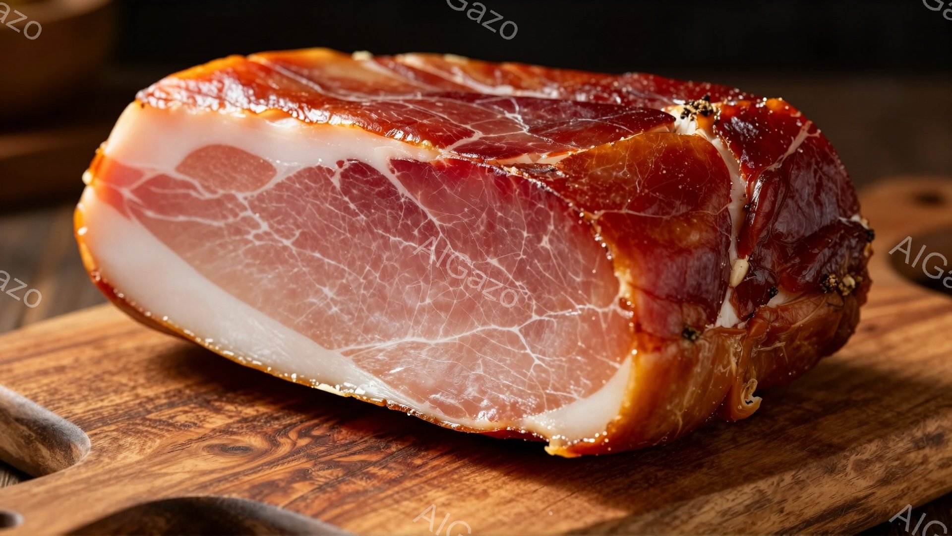 切り立てのパンチェッタが、木製のボードの上に置かれています。ピンクと白の脂肪と赤身が入り混じり、表面には黒胡椒が点在しています。背景は暗く、パンチェッタの鮮やかな色彩が際立っています。
