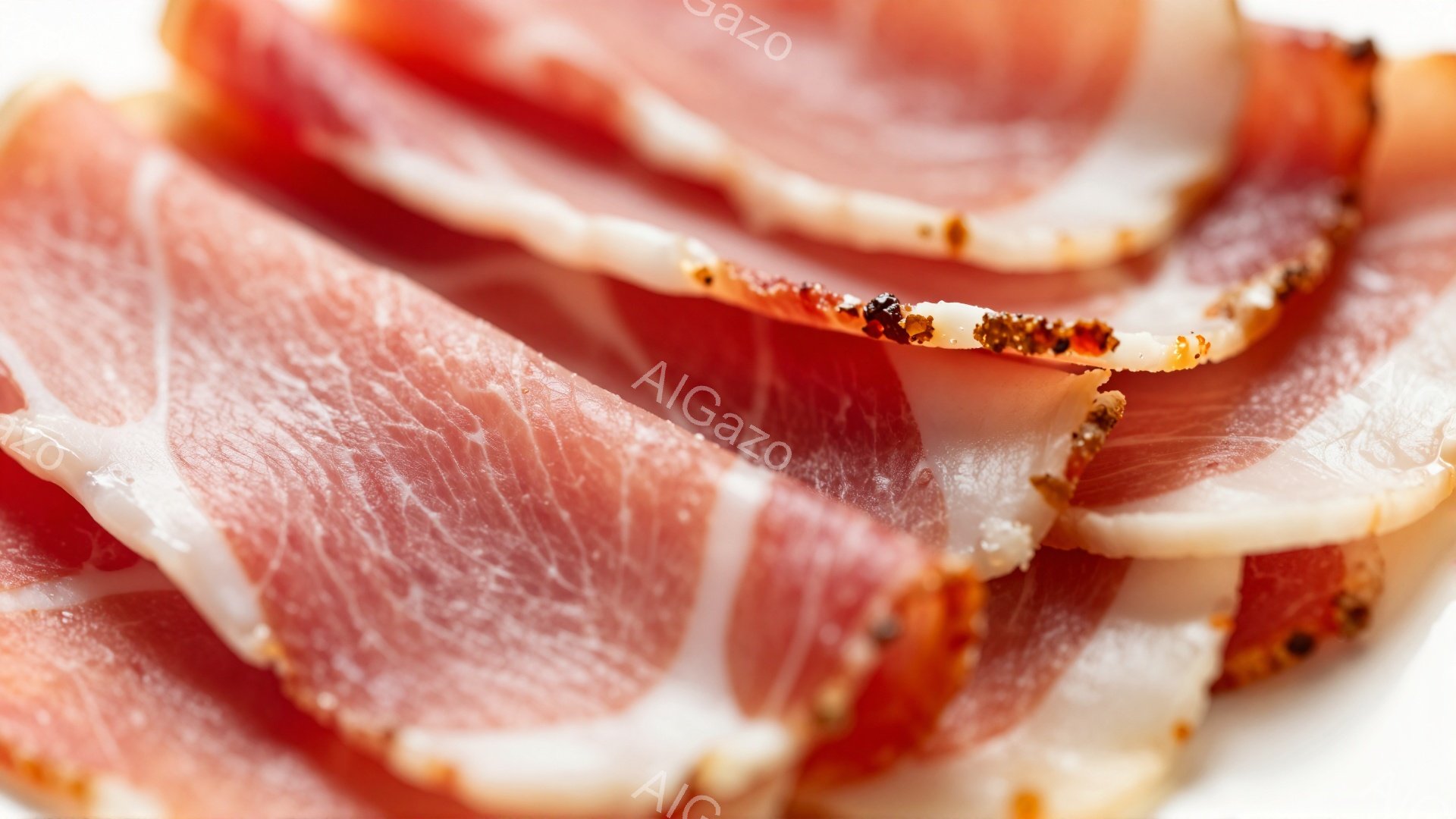 薄くスライスされたプロシュートが重なり合って写っており、ピンク色と白のまだら模様が特徴的です。表面には黒胡椒が振りかけられており、食欲をそそる一品に見えます。背景は白く、プロシュートの美しい色合いが際立っています。