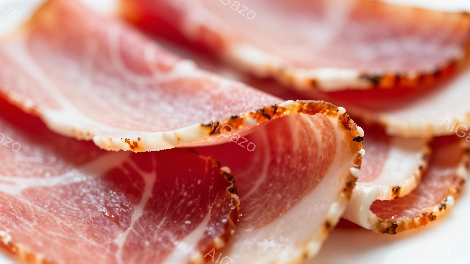 薄くスライスされたプロシュートが白い背景に重なり合って写っている。肉の赤色が鮮やかで、縁の部分には塩やスパイスが凝縮され、食欲をそそる。全体的にシンプルで、肉の質感が強調されたクローズアップ写真である - AI生成フリー素材