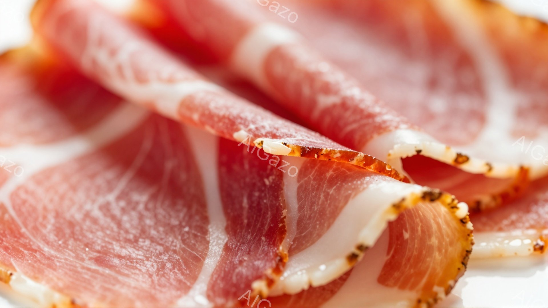 薄切りのプロシュートが白い背景に重ねて配置されています。肉のピンクと白のマーブル模様が美しく、縁には黒コショウが振りかけられています。シンプルながら食欲をそそる構図で、高品質な食材の魅力を引き出しています。