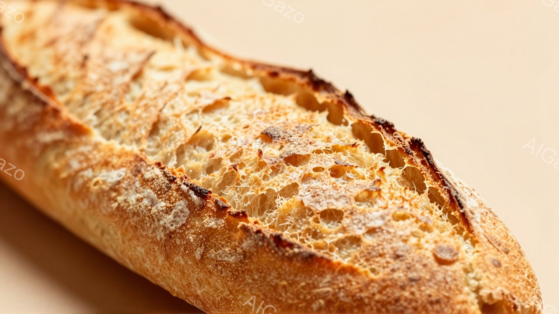 画像は、焼きたてのバゲットのクローズアップです。表面は黄金色で、ところどころ焦げ目がついており、カリッとした食感が想像できます。内部は穴がたくさん空いていて、ふっくらとしたパンの質感を表しています。