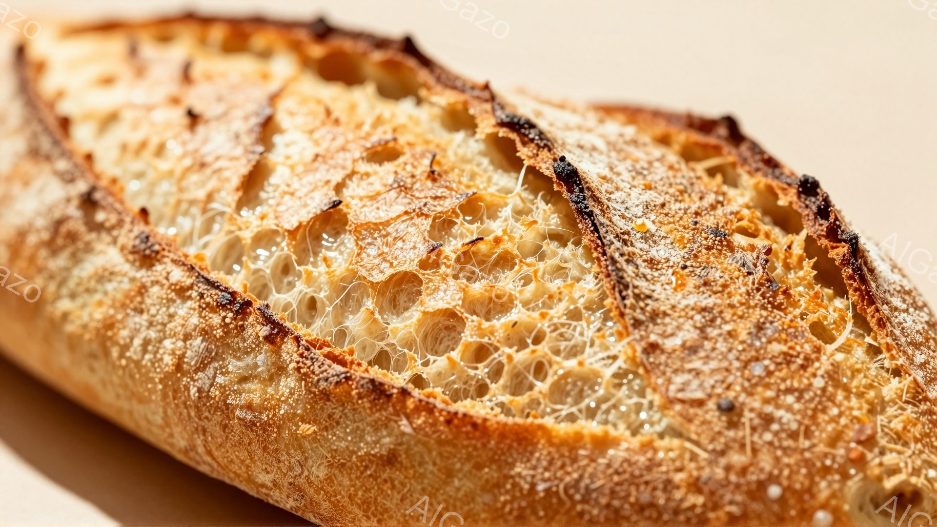 焼きたてのパンの断面が写っている。外側は濃い茶色でカリカリしており、内側は大小様々な気泡が密集した、ふっくらとした質感である。背景は淡いベージュ色で、パンの温かみと食感を際立たせている。