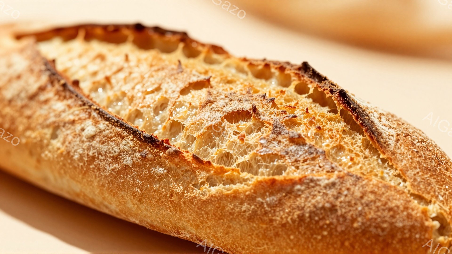 画像は、焼きたてのバゲットの一部分を極端にアップで捉えたものです。外側は黄金色の焼き色で、粉が薄くふりかかり、内部は穴がたくさんあいた気泡質な構造が確認できます。背景はぼかしたベージュ色で、バゲットの - AI生成フリー素材