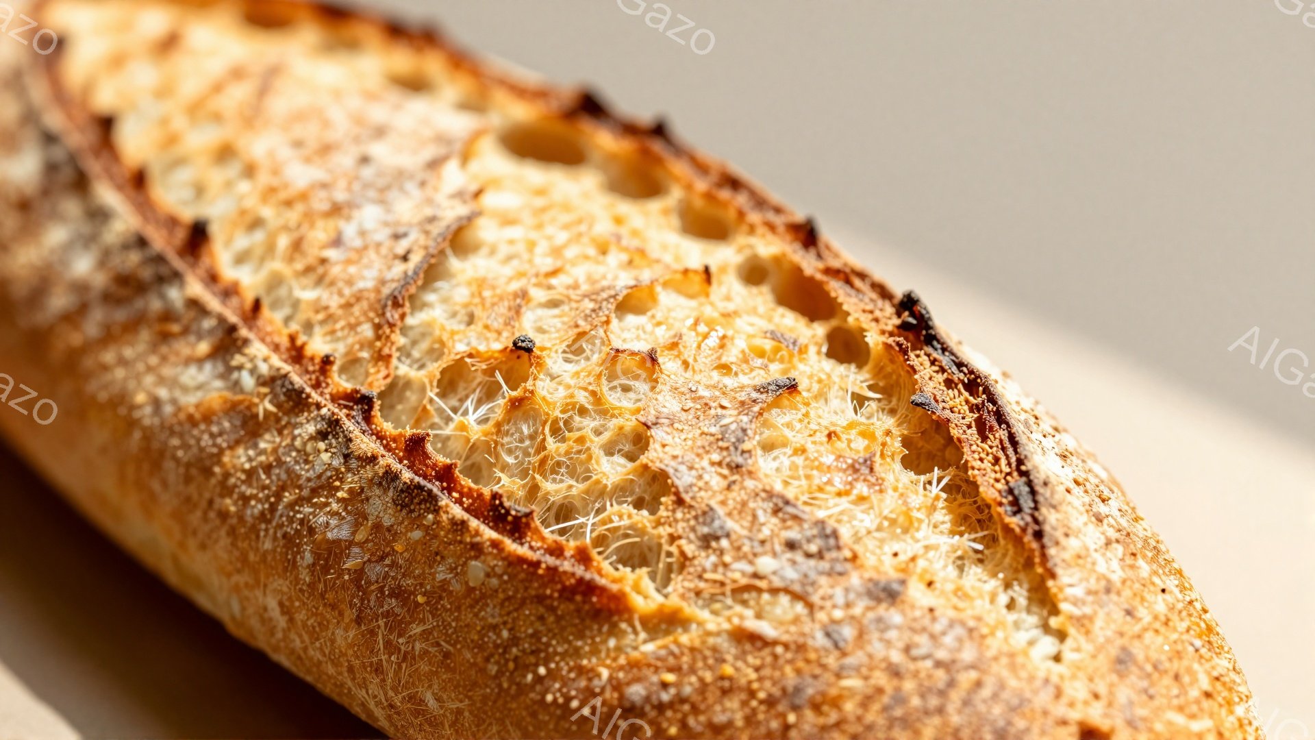 画像は、焼き色のついたフランスパンのクローズアップです。表面はカリッとしており、内部は大きな気泡が多く、ふっくらとしています。背景は淡いベージュ色で、パンの質感と焼き目を際立たせています。 - AI生成フリー素材