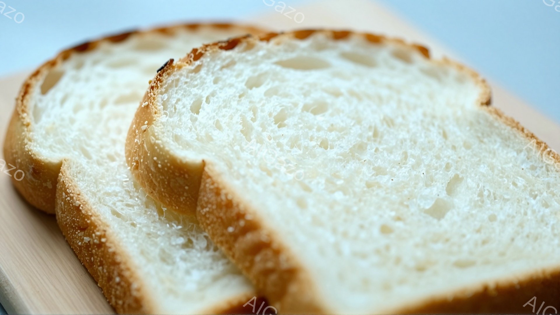 焼きたてのパンのスライスが３枚、木製のプレートの上に並べられています。パンの表面は薄い焼き色で、中はふっくらとした気泡が見てとれます。シンプルながらも温かく、食欲をそそる雰囲気が漂っています。