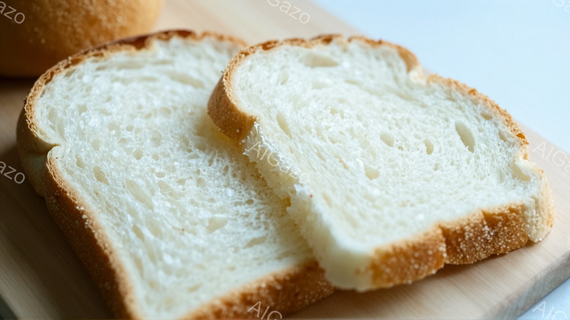 画像には、スライスされた白いパンが木製のまな板の上に置かれています。パンはふっくらとしており、表面はわずかに焼けています。背景はぼやけており、明るい光が差し込んでおり、シンプルで温かい雰囲気を醸し出しています。