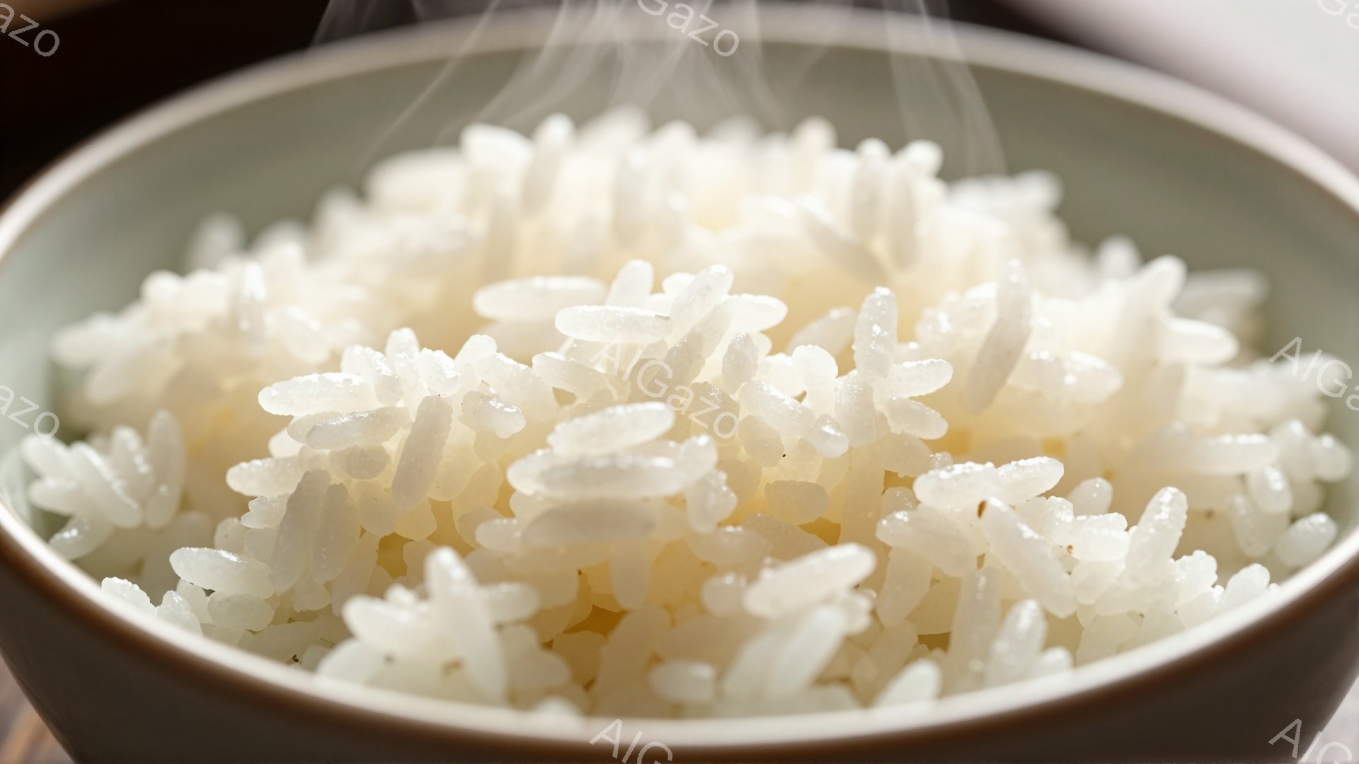 白いお碗の中に、湯気が立ち上る炊き立てのご飯が盛られています。ご飯粒はふっくらとして光沢があり、美味しそうです。背景はぼやけていますが、茶色の木目が見え、温かい雰囲気を醸し出しています。