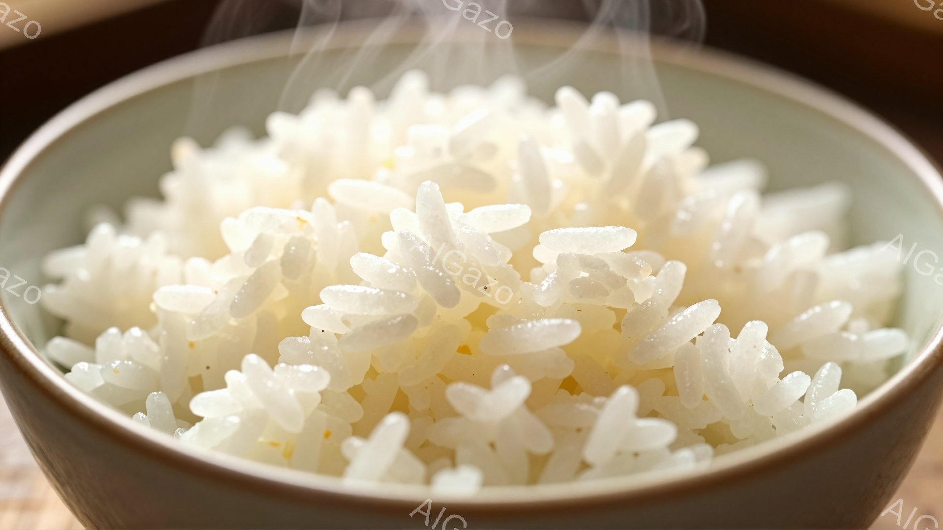 白いご飯が茶色い丼に入っており、湯気が立ち上っている様子が捉えられている。お米はふっくらと輝き、粒がはっきりと見える。背景は木目調で、温かく素朴な雰囲気を醸し出している。