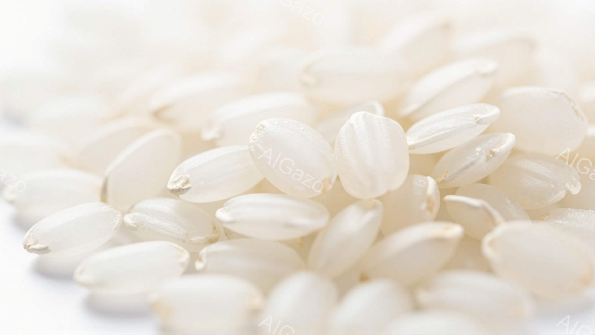 白い背景の上に、炊いた米粒が密集して写っている。各粒は半透明で、わずかに光沢があり、表面に細かな溝が見える。全体的に清潔感があり、シンプルでミニマルな印象を与える。