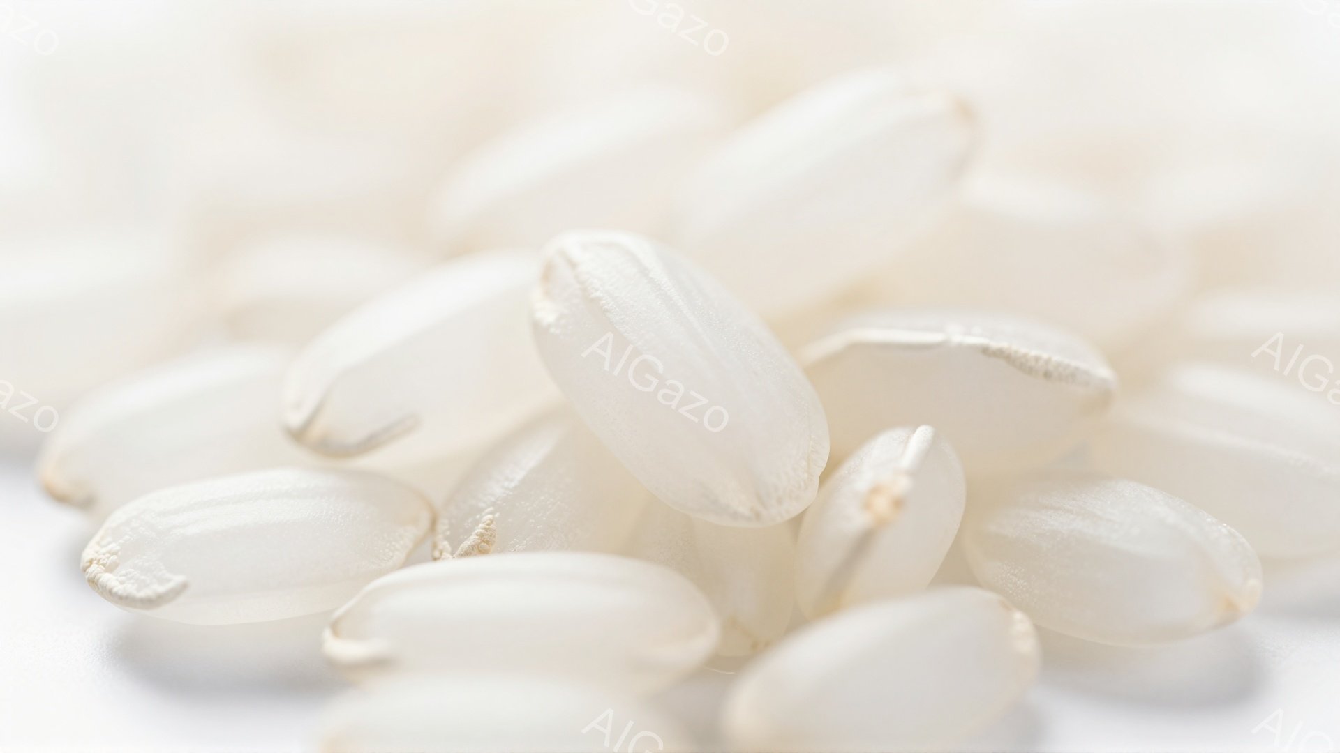 白い背景の上に、研磨された米粒が密集して写っている。米粒は半透明で、滑らかな表面を持ち、わずかに光沢を帯びている。全体的に清潔でシンプルな印象を与え、食や豊穣を連想させる。