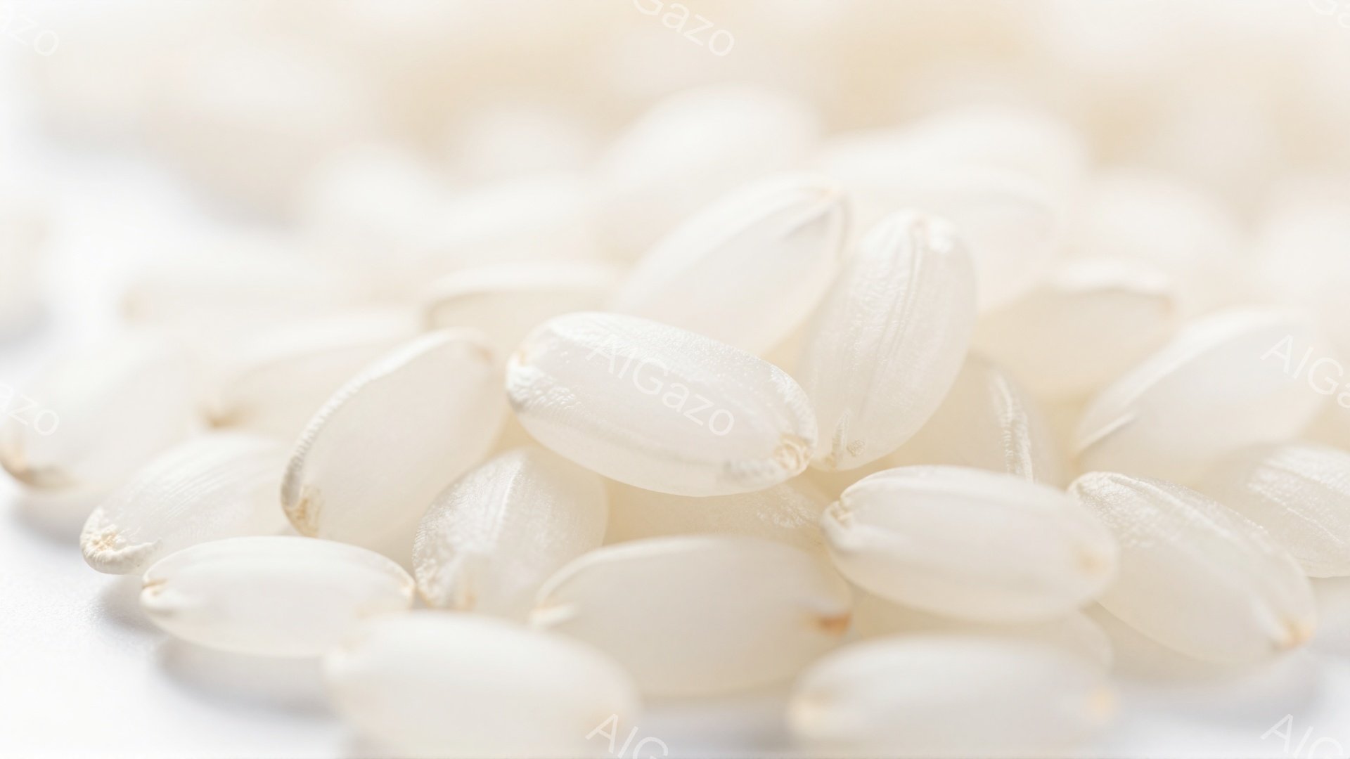 白い背景に、磨かれた米粒が密集して写っている。米粒は少し透明感があり、光を反射して滑らかに見える。全体的に清潔感があり、シンプルでミニマルな印象を与える。