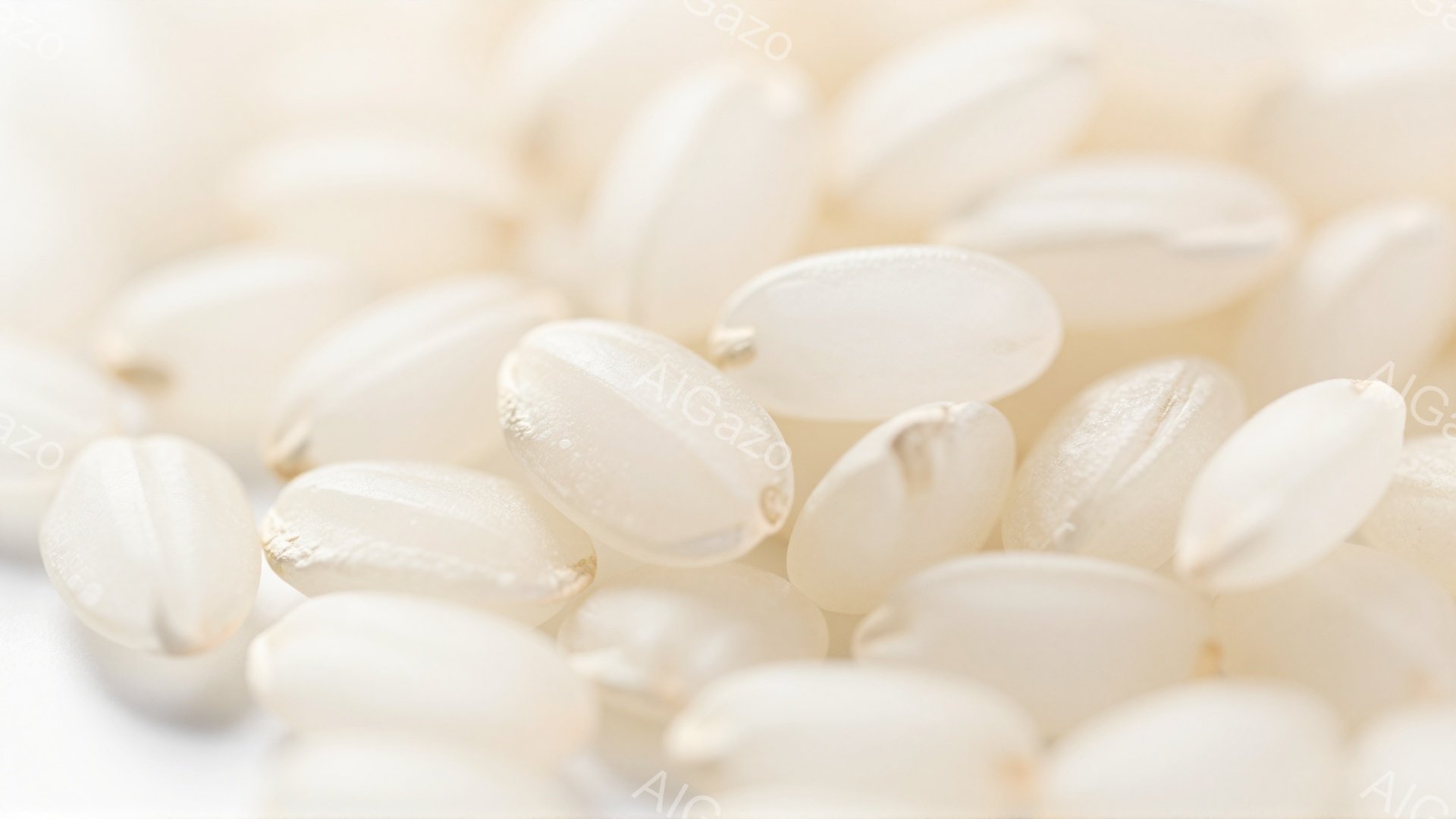 白い米粒が多数写っており、表面には光沢があり、それぞれがわずかに透明感を持っている。米粒は互いに重なり合い、密集した状態で見られ、背景は白くぼやけているため、米粒が際立っている。 全体として、清潔でシンプルな印象を与え、食や豊穣を想起させる。